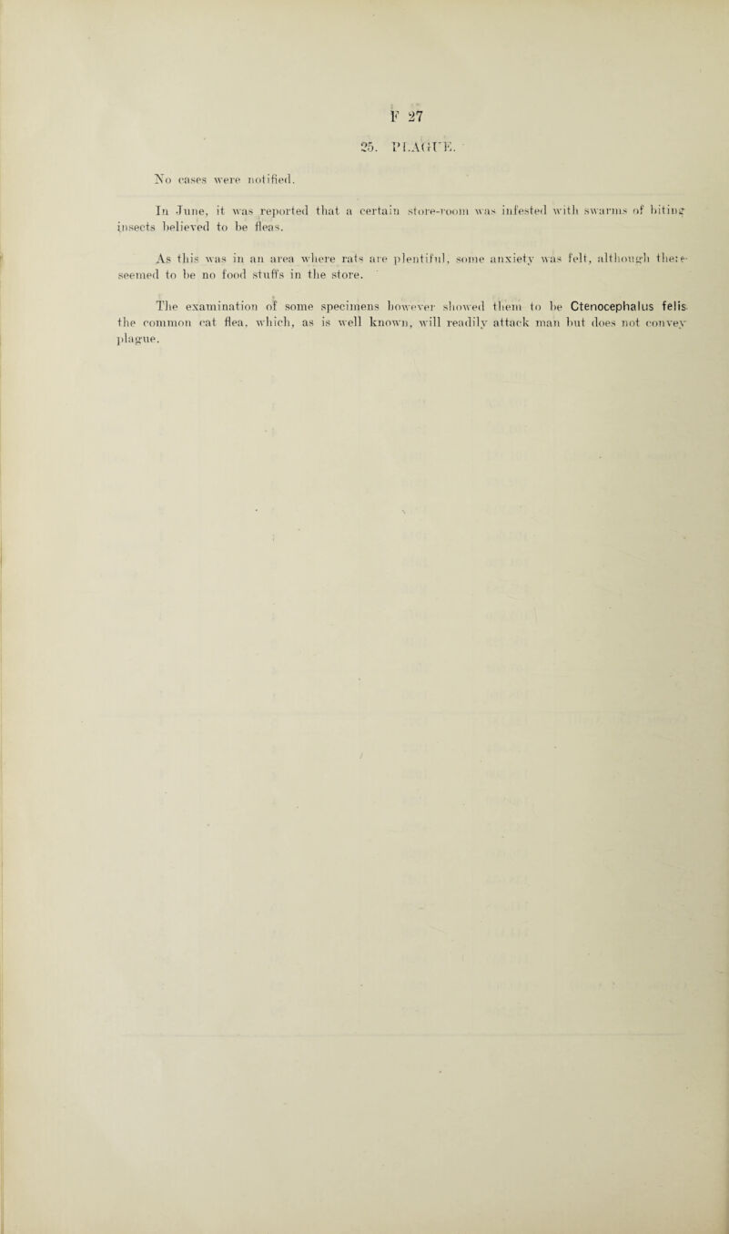 25. PLAGUE. ’ No cases were notified. la -Time, it was reported that a certain store-room was infested with swarms of biting- insects believed to be fleas. As this was in an area where rats are plentiful, some anxiety was felt, although the: e- seemed to be no food stuff's in the store. t , e ' • The examination of some specimens however showed them to be Ctenocephalus felis the common cat flea, which, as is well known, will readily attack man but does not convey plague.