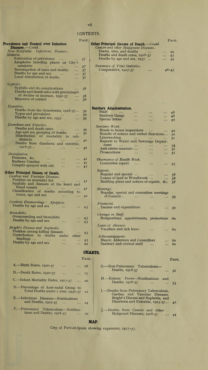 CONTENTS. Page. Prevalence and Control over Infection Diseases.— Non-Notifiable Infectious Diseases. Malaria. Estimation of prevalence ... ... 37 Anopheles breeding places on City’s outskirts ... ... ... 37 Investigation of cases and deaths ... 37 Deaths by age and sex ... ... 37 Local distribution of deaths ... 37 Syphilis. Syphilis and its complications ... 38 Deaths and death rates with percentages of decline or increase, 1932-37 ... 38 Measures of control ... ... 38 Dysentery. Deaths from the dysenteries, 1918-37... 39 Types and prevalence ... ... 39 Deaths by age and sex, 1937 ••• 39 Diarrhoea and Enteritis. Deaths and death rates Age and sex grouping of deaths Distribution of mortality in sub¬ districts Deaths from diarrhoea and enteritis, 1918-37... 39 39 40 40 Disinfection. Premises, &c. Railway Coaches Cesspits sprayed with oils Other Principal Causes of Death. Cardiac and Vascular Diseases. Position on mortality list Syphilis and diseases of the heart and blood vessels Classification of deaths according to forms, age and sex Cerebral Haemorrhage: Apoplexy. Deaths by age and sex Bronchitis. Overcrowding and bronchitis Deaths by age and sex Bright’s Disease and Nephritis. Position among killing diseases Contribution to deaths under headings ... Deaths by age and sex other ••• 43 ... 44 Page. Other Principal Causes of Death.— Cancer and other Malignant Diseases. Forms, sites, and deaths ... ... 44 Deaths and death rates, 1918-37 ... 45 Deaths by age and sex, 1937 ••• ••• 45 Summary of Vital Statistics. Comparative, 1927-37 ... 46-47 Sanitary Administration. Staff ... ... ... ... 48 Sanitary Gangs ... ... ... 48 Special duties ... ... ,,, 49 Sanitary Work. House to house inspections ... ... 49 Results of notices and verbal directions... 50 Limewashing ... ... ... 51 Reports to Water and Sewej-age Depart¬ ment ... ... ... ... 51, Anti-rabies measures... ... ... 51 Prosecutions ... ... ... 54 Observance of Health Week. Committee report ... ... ... 53 Reports. Regular and special ... ... ... 58 Leases of land in Woodbrook ... ... 58 Building plans and notices of repairs, &c. 58 Meetings. Regular, special and committee meetings of Council... ... ... ... 59 Financial. Income and expenditure ... ... 59 Changes in Staff. Resignations, appointments, promotions 60 Leave of Absence. Vacation and sick leave ... ... 6q A cknowledgments. Mayor, Aldermen and Councillors ... 60 Sanitary and clerical staff ... ... 60 CHARTS. A.—Birth Rates, 1920-37 Page. 16 B.—Death Rates, 1920-37 17 C.—Infant Mortality Rates, 1917-37 20 D.—Percentage of Ante-natal Group to Total Deaths under i year, 1930-37 22 E.—Infectious Diseases—Notifications and Deaths, 1922-37 24 F ■—Pulmonary Tuberculosis—Notifica¬ tions and Deaths, 1918-37 29 Page. G. —Non-Pulmonary Tuberculosis-r- Deaths, 1918-37 ... ... 32 H. —Enteric Fever—Notifications and Deaths, 1918-37 ... ... 33 I. —Deaths from Pulmonary Tuberculosis, Cardiac and Vascular Diseases, Bright’s Disease and Nephritis, and Diarrhoea and Enteritis, 1923-37... 42 J. —Deaths from Cancer and other Malignant Diseases, 1918-37 ,.. 44 MAP. City of Port-of-Spain showing expansion, 1917-37,