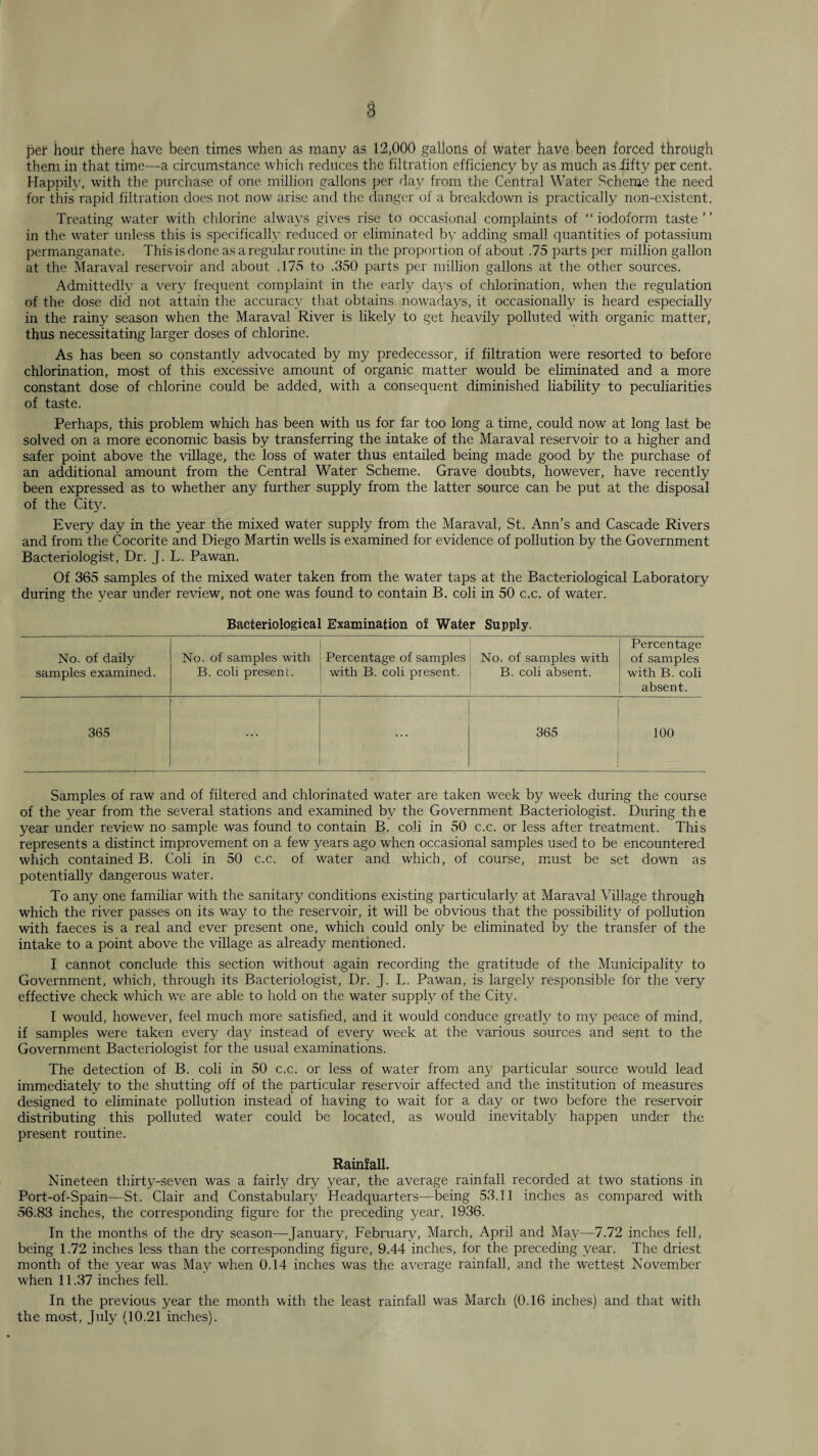 ^et* hour there have been times when as many as 12,000 gallons of water have been forced through them in that time—a circumstance which reduces the filtration efficiency by as much asiifty per cent. Happilv, with the purchase of one million gallons per day from the Central Water Scheme the need for this rapid filtration does not now arise and the danger of a breakdown is practically non-existent. Treating water with chlorine always gives rise to occasional complaints of “iodoform taste” in the w’ater unless this is specificalh' reduced or eliminated b^' adding small quantities of pota.ssium permanganate. This is done as a regular routine in the proportion of about .75 parts per million gallon at the Maraval reservoir and about .175 to .350 parts per million gallons at the other sources. Admittedly a very frequent complaint in the early days of chlorination, when the regulation of the dose did not attain the accurac}- that obtains nowadays, it occasionally is heard especially in the rainy season when the Maraval River is likely to get heavily polluted with organic matter, thus necessitating larger doses of chlorine. As has been so constantly advocated by my predecessor, if filtration were resorted to before chlorination, most of this excessive amount of organic matter would be eliminated and a more constant dose of chlorine could be added, with a consequent diminished liability to peculiarities of taste. Perhaps, this problem which has been with us for far too long a time, could now at long last be solved on a more economic basis by transferring the intake of the Maraval reservoir to a higher and safer point above the village, the loss of water thus entailed being made good by the purchase of an additional amount from the Central Water Scheme. Grave doubts, however, have recently been expressed as to whether any further supply from the latter source can be put at the disposal of the City. Every day in the year the mixed water supply from the Maraval, St. Ann’s and Cascade Rivers and from the Cocorite and Diego Martin wells is examined for evidence of pollution by the Government Bacteriologist, Dr. J. L. Pawan. Of 365 samples of the mixed water taken from the water taps at the Bacteriological Laboratory during the year under review, not one was found to contain B. coli in 50 c.c. of water. Bacteriological Examination of Water Supply. No. of daily samples examined. No. of samples with B. coli present. Percentage of samples with B. coli present. No. of samples with B. coli absent. Percentage of samples with B. coli absent. 365 ... ... 365 100 Samples of raw and of filtered and chlorinated water are taken week by week during the course of the year from the several stations and examined by the Government Bacteriologist. During the year under review no sample was found to contain B. coli in 50 c.c. or less after treatment. This represents a distinct improvement on a few years ago when occasional samples used to be encountered which contained B. Coli in 50 c.c. of water and which, of course, must be set down as potentially dangerous water. To any one familiar with the sanitary conditions existing particularly at Maraval Village through which the river passes on its way to the reservoir, it will be obvious that the possibility of pollution with faeces is a real and ever present one, which could only be eliminated by the transfer of the intake to a point above the village as already mentioned. I cannot conclude this section without again recording the gratitude of the Municipality to Government, which, through its Bacteriologist, Dr. J. L. Pawan, is largely responsible for the very effective check which we are able to hold on the water suppty of the City. I would, however, feel much more satisfied, and it would conduce greatly to my peace of mind, if samples were taken every day instead of every w’eek at the various sources and sept to the Government Bacteriologist for the usual examinations. The detection of B. coli in 50 c.c. or less of water from any particular source would lead immediately to the shutting off of the particular reservoir affected and the institution of measures designed to eliminate pollution instead of having to wait for a day or two before the reservoir distributing this polluted water could be located, as would inevitably happen under the present routine. Rainfall. Nineteen thirty-seven was a fairly dry year, the average rainfall recorded at two stations in Port-of-Spain—St. Clair and Constabulary Headquarters—being 53.11 inches as compared with v56.83 inches, the corresponding figure for the preceding year, 1936. In the months of the dry season—January, February, March, April and May—7.72 inches fell, being 1.72 inches less than the corre.sponding figure, 9.44 inches, for the preceding year. The driest month of the year was May when 0.14 inches was the average rainfall, and the wettest November when 11.37 inches fell. In the previous year the month with the least rainfall was March (0.16 inches) and that with the most, July (10.21 inches).