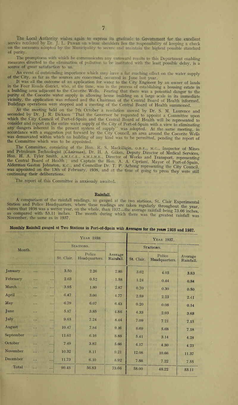 I he Local Authority wishes again to express its gratitude to Government for the excellent service rendered by Dr. j. L. Pa wan on whose shoulders lies the responsibility of keeping a check on the measures adopted by the Municipality to secure and maintain the highest possible standard of purity. The promptness with which he communicates any untoward results to this Department enabling measures directed to the elimination of pollution to be instituted with the least possible delay, is a source of great satisfaction to us. An event of outstanding importance which may have a far reaching effect on the water supply of the City, as far as the sources are concerned, occurred in June last year. It was all the outcome of an application for water to the City Engineer by an owner of lands in the Four Roads district, who, at the time, was in the process of establishing a housing estate in a building area adjacent to the Cocorite Wells. Fearing that there was a potential danger to the purity of the Cocorite water supply in allowing house building on a large scale in its immediate vicinity, the application was refused and the Chairman of the Central Board of Health informed. Buildings operations were stopped and a meeting of the Central Board of Health summoned. At the meeting held on the 7th October a resolution moved by Dr. S. M. Laurence and seconded by Dr. J. R. Dickson “That the Governor be requested to appoint a Committee upon which the City Council of Port-of-Spain and the Central Board of Health will be represented to consider and report on the entire water supply of the City of Port-of-Spain with a view to eliminating any dangers inherent in the present system of supply” was adopted. At the same meeting, in accordance with a suggestion put forward by the City Council, an area around the Cocorite Wells was demarcated within which no building of any kind was to be permitted, pending the report of the Committee which was to be appointed. The Committee, consisting of the Hon. R. S. Mackilligin, o.b.e., m.c.. Inspector of Mines and Petroleum Technologist {Chairman), Dr. IT. A. Gilkes, Deputy Director of Medical Services Hon. H. A. Tyler Smith, a.m.i.c.e., a.m.i.m.e.. Director of Works and Transport, representing the Central Board of Health ; and Captain the Hon. A. A. Cipriani, Mayor of Port-of-Spain Alderman Gaston Johnston, k.c., and Councillor Dr. T. P. Achong representing the City Council’ was appointed on the 13th of February, 1938, and at the time of going to press they were still continuing their deliberations. ‘ J The report of this Committee is anxiously awaited. Rainfall. A comparison of the rainfall readings, as gauged at the two stations, St. Clair Experimental Station and Police Headquarters, where these readings are taken regularly throughout the year shows that 1938 was a wetter year, on the whole, than 1937—the average rainfall being 73 66 inches’ as compared with 53.11 inches. The month during which there was the greatest rainfall was November, the same as in 1937. Monthly Rainfall gauged at Two Stations in Port-of-Spain with Averages for the years 1938 and 1937 Month. Year 1938. Year 1937. Stations. Average Rainfall. Stations. Average Rainfall. St. Clair. Police Headquarters. St. Clair. Police Headquarters. January 3.50 2.26 2.88 3.62 4.03 3.83 February 2.63 0.52 1.58 1.24 0.44 0.84 March 3.95 1.80 GO ~t>i 0.70 0.30 0.50 April 6.47 3.06 4.77 2.59 2.23 2.41 May 6.79 6.07 6.43 0.20 0.08 0.14 June 5.87 3.85 4.86 4.33 2.93 3.63 July . 9.65 7.24 8.44 7.09 7.21 7.15 August 10.47 7.84 9.16 8.69 5.68 7.18 September 11.61 6.16 8.88 5.41 3.14 4.28 October 7.49 3.82 5.66 4.17 4.30 4.23 November 10.32 8.11 9.21 12.08 10.66 11.37 December 11.73 6.10 8.92 7.88 7.22 7.55 Total 90.48 56.83 73.66 ! 58.00 48.22 53.11