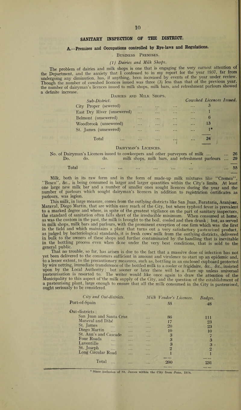 SANITARY INSPECTION OF THE DISTRICT. A—Premises and Occupations controlled by Bye-laws and Regulations. Business Premises. (1) Dairies and Milk Shops. The problem of dairies and milk shops is one that is engaging the very earnest attention of the Department, and the anxiety that I confessed to in my report for the year 1937, far from undergoing any diminution, has, if anything, been increased by events of the year under review. Though the number of cowshed licences issued was three (3) less than that of the previous year, the number of dairyman’s licences issued to milk shops, milk bars, and refreshment parlours showed a definite increase. Dairies and Milk Shops. Sub-District. Cowshed Licences Issued. City Proper (sewered) 3 East Dry River (unsewered) 1 Belmont (unsewered) 6 Woodbrook (unsewered) ... ... ( ... 13 St. James (unsewered) ... 1* Total i 24 Dairyman’s Licences. No. of Dairyman’s Licences issued to cowkeepers and other purveyors of milk ... ... 26 Do. do. do. milk shops, milk bars, and refreshment parlours ... 29 Milk, both in its raw form and in the form of made-up milk mixtures like “Cremco”, “Boseo”, &c., is being consumed in larger and larger quantities within the City’s limits. At least one large new milk bar and a number of smaller ones sought licences during the year and the number of parlours which sought dairyman’s licences in addition to registration certificates as parlours, was legion. This milk, in large measure, comes from the outlying districts like San Juan, Barataria, Aranjuez, Maraval, Diego Martin, that are within easy reach of the City, but where typhoid fever is prevalent to a marked degree and where, in spite of the greatest vigilance on the part of sanitary inspectors, the standard of sanitation often falls short of the irreducible minimum. When consumed at home, as was the custom in the past, the milk is brought to the boil, cooled and then drunk ; but, as served in milk shops, milk bars and parlours, with the prominent exception of one firm which was the first in the field and which maintains a plant that turns out a very satisfactory pasteurised product, as judged by bacteriological standards, it is fresh cows’ milk from the outlying districts, delivered in bulk to the owners of these shops and further contaminated by the handling that is inevitable ip the bottling process even when dene under the very best conditions, that is sold to the general public. That no trouble, so far, has arisen is due to the fact that a massive dose of infection has not yet been delivered to the consumers sufficient in amount and virulence to start up an epidemic and, to a lesser extent, to the precautionary measures, such as, bottling in an enclosed cupboard protected by wire netting, immediate transference of the bottled milk to a cooler or frigidaire, &c., &c., insisted upon by the Local Authority , but sooner or later there will be a flare up unless universal pasteurisation is resorted to. The writer would like once again to draw the attention of the Municipality to this aspect of the milk supply of the City, and the question of the establishment of a pasteurising plant, large enough to ensure that all the milk consumed in the City is pasteurised, ought seriously to be considered. City and Out-districts. Port-of-Spain Out-districts : San Juan and Santa Cruz Maraval and Dibe St. James Diego Martin St. Ann’s and Cascade Four Roads Laventille St. Joseph Long Circular Road Total .... Milk Vendor’s Licences. Badges. 55 48 86 17 20 10 3 3 3 2 1 111 23 23 10 7 3 3 2 1 200 231 Since inclusion of St. James within the City from .Tune, 19SS,