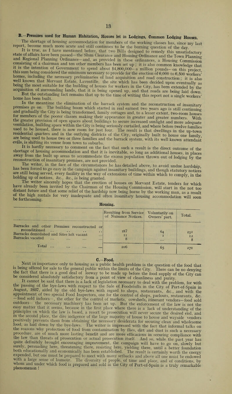 B. Premises used for Human Habitation, Houses let in Lodgings, Common Lodging Houses. The shortage of housing accommodation for members of the working classes has, since mv last lepoit, become much more acute and still continues to be the burning question of the day. ^ j-r.ue> as I have mentioned before, that two Bills designed to remedy this unsatisfactory state of affairs have been passed—the -Slum Clearance and Housing Ordinance and the Town Planning and Regional Planning Ordinance—and, as provided in these ordinances, a Housing Commission consisting of a chairman and ten other members has been set up ; it is also common knowledge that it is the intention of Government to spend about $4,800,000—a million pounds—on this project this sum being considered the minimum necessary to provide for the erection of 6,000 to 6,500 workers’ homes, including the necessary preliminaries of land acquisition and road construction ; it is also well known that Morvant Estate, Laventille, the site which has been decided upon eventually as being the most suitable for the building of houses for workers in the City, has been extended by the acquisition of surrounding lands, that it is being opened up, and that roads are being laid down. But the outstanding fact remains that up to the time of writing this report not a single workers’ home has been built. b In the meantime the elimination of the barrack system and the reconstruction of insanitary premises go on. The building boom which started in real earnest two years ago is still continuing and gradually the City is being transformed, family cottages and, to a lesser extent, two-room houses for members of the poorer classes making their appearance in greater and greater numbers. With the greater provision of open spaces about buildings to secure increased sunlight and more adequate ventilation, building space within the City is being seriously curtailed, and where before twelve families used to be housed, there is now room for just four. The result is that dwellings in the up-town residential quarters and in the outlying districts of the City, originally built to house one family are being used to house two or three families and the barrack system, with its well known attendant evils, is shifting its venue from town to suburbs. It is hardly necessary to comment on the fact that such a result is the direct outcome of the shortage of housing accommodation and that it is inevitable, so long as additional houses, in places away from the built up areas to accommodate the excess population thrown out of lodging by the reconstruction of insanitary premises, are not provided. The writer, in the face of the circumstances he has detailed above, to avoid undue hardship has been forced to go easy in the campaign against insanitary buildings, and though statutory notices are still being served, every facility in the way of extensions of time within which to comply in the holding up of notices, &c., &c., is being granted. The writer sincerely hopes that the erection of houses on Morvant Estate, tenders for which have already been invited by the Chairman of the Housing Commission, will start in the not too distant future and that some relief of the hardship now being borne by the working man, as a result of the high rentals for very inadequate and often insanitary housing accommodation will soon be forthcoming. Housing. Resulting from Service of Nuisance Notices. Voluntarily on Owners’ part. Total. Barracks and other Premises reconstructed or reconditioned Barracks demolished and Sites left vacant Barracks vacated i87 IX 8 64 I 251 12 8 Total ... ... 206 65 271 C.-Food. Next m importance only to housing as a public health problem is the question of the food that is being offered for sale to the general public within the limits of the City. There can be no denying the fact that there is a good deal of leeway to be made up before the food supply of the City can be considered absolutely satisfactory from a point of view of cleanliness and purity. It cannot be said that there is a lack of legislation necessary to deal with the problem, for with the passing of the bye-laws with respect to the Sale of Foodstuffs in the City of Port-of’-Spain in August, 1937, aided by the old bye-laws with regard to shops, restaurants, &c., and with the appointment of two special Food Inspectors, one for the control of shops, parlours, restaurants, &c. —food sold indoors—, the other for the control of markets, cowsheds, itinerant vendors—food sold outdoors— the necessary machinery has been set up. But the enforcement of the law is not the easy matter that it seems, because in the first place where there is a lack of understanding of the principles on which the law is based, a resort to prosecution will never secure the desired end, and m the second place, the dire indigence of the large majority of house to house and wayside vendors positively prevents them from obtaining the necessary desiderata for securing clean and wholesome mod, as laid down by the bye-laws. The writer is impressed with the fact that informal talks on the reasons why protection of food from contamination by flies, dirt and dust is such a necessary procedure, are of much more lasting benefit and are more efficacious in securing compliance with the law than threats of prosecution or actual prosecution itself. And so, while the past year has quite definitely brought encouraging improvement, the campaign will have to go on, slowly but surely persuading here, threatening there, resisting here, yielding there, until a better foundation both educationally and economically has been established. The result is certainly worth the energy expended, but one must be prepared to meet with many setbacks and above all one must be endowed with a large sense of humour. The diversity of people, of time and place, and of conditions, by whom and under which food is prepared and sold in the City of Port-of-Spain is a truly remarkable phenomenon !