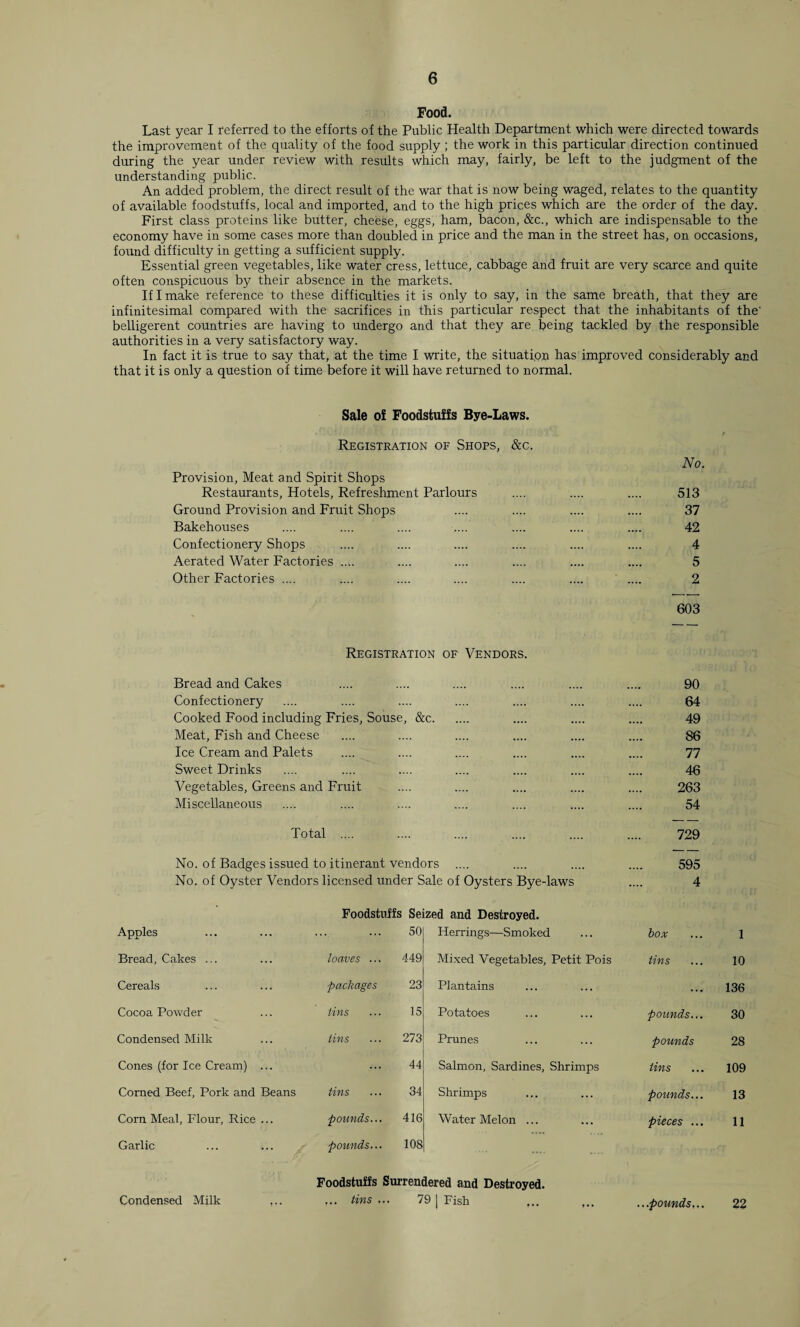 Food. Last year I referred to the efforts of the Public Health Department which were directed towards the improvement of the quality of the food supply; the work in this particular direction continued during the year under review with results which may, fairly, be left to the judgment of the understanding public. An added problem, the direct result of the war that is now being waged, relates to the quantity of available foodstuffs, local and imported, and to the high prices which are the order of the day. First class proteins like butter, cheese, eggs, ham, bacon, &c., which are indispensable to the economy have in some cases more than doubled in price and the man in the street has, on occasions, found difficulty in getting a sufficient supply. Essential green vegetables, like water cress, lettuce, cabbage and fruit are very scarce and quite often conspicuous by their absence in the markets. If I make reference to these difficulties it is only to say, in the same breath, that they are infinitesimal compared with the sacrifices in this particular respect that the inhabitants of the' belligerent countries are having to undergo and that they are being tackled by the responsible authorities in a very satisfactory way. In fact it is true to say that, at the time I write, the situation has improved considerably and that it is only a question of time before it will have returned to normal. Sale of Foodstuffs Bye-Laws. Registration of Shops, &c. No. Provision, Meat and Spirit Shops Restaurants, Hotels, Refreshment Parlours .... .... .... 513 Ground Provision and Fruit Shops .... .... .... .... 37 Bakehouses .... .... .... .... .... .... .... 42 Confectionery Shops .... .... .... .... .... .... 4 Aerated Water Factories .... .... .... .... .... .... 5 Other Factories .... .... .... .... .... .... .... 2 603 Registration of Vendors. Bread and Cakes .... .... .... .... .... .... 90 Confectionery .... .... .... .... .... .... .... 64 Cooked Food including Fries, Souse, &c. .... .... .... 49 Meat, Fish and Cheese .... .... .... .... .... .... 86 Ice Cream and Palets .... .... .... .... .... .... 77 Sweet Drinks .... .... .... .... .... .... .... 46 Vegetables, Greens and Fruit .... .... .... .... .... 263 Miscellaneous .... .... .... .... .... .... .... 54 Total .... .... .... .... .... .... 729 No. of Badges issued to itinerant vendors .... .... .... .... 595 No. of Oyster Vendors licensed under Sale of Oysters Bye-laws .... 4 Foodstuffs Seized and Destroyed. Apples ... 50 Herrings—Smoked box 1 Bread, Cakes ... loaves ... 449 Mixed Vegetables, Petit Pois tins 10 Cereals packages 23 Plantains ... 136 Cocoa Powder Pins 15 Potatoes pounds... 30 Condensed Milk tins 273 Prunes pounds 28 Cones (for Ice Cream) ... ... 44 Salmon, Sardines, Shrimps tins 109 Corned Beef, Pork and Beans tins 34 Shrimps pounds... 13 Corn Meal, Flour, Rice ... pounds... 416 Water Melon ... pieces ... 11 Garlic pounds... 108 Condensed Milk ,.. Foodstuffs Surrendered and Destroyed. ... tins ... 79 | Fish ... ...pounds... 22