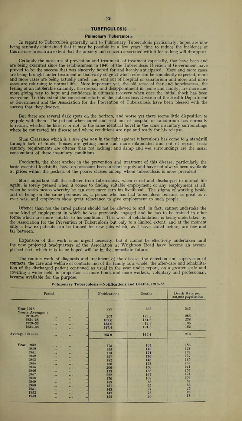 TUBERCULOSIS Pulmonary Tuberculosis In regard to Tuberculosis generally and to Pulmonary Tuberculosis particularly, hopes are now being seriously entertained that it may be possible in a few years’ time to reduce the incidence of this disease to such an extent that the anxiety and concern associated with it for so long will disappear. Certainly the measures of prevention and treatment, of treatment especially, that have been and are being executed since the establishment in 1946 of the Tuberculosis Division of Government have proved to be the success that was sincerely hoped for and keenly anticipated. More and more cases are being brought under treatment at that early stage at which cure can be confidently expected, more and more cases are being actually cured, and sent out of hospital or sanatorium and more and more cases are returning to normal life. More important yet, the old sense of fear and hopelessness, the feeling of an intolerable calamity, the despair and disappointment in home and family, are more and more giving way to hope and confidence in ultimate recovery when once the initial shock has been overcome. To this extent the consistent efforts of the Tuberculosis Division of the Health Department of Government and the Association for the Prevention of Tuberculosis have been blessed with the success that they deserve. But there are several dark spots on the horizon, and worse yet there seems little disposition to grapple with them. The patient when cured and sent out of hospital or sanatorium has normally to return, whether he likes it or not, to the same identical hovel in the same insanitary surroundings where he contracted his disease and where conditions are ripe and ready for his relapse. Slum Clearance which is a sine qua non in the fight against tuberculosis has come to a standstill through lack of funds; houses are getting more and more dilapidated and out of repair; basic sanitary requirements are oftener than not lacking; and damp and wet surroundings are the usual concomitant of these insanitary conditions. Foodstuffs, the sheet anchor in the prevention and treatment of this disease, particularly the basic essential foodstuffs, have on occasions been in short supply and have not always been available at prices within the pockets of the poorer classes among whom tuberculosis is more prevalent. More important still the sufferer from tuberculosis, when cured and discharged to normal life again, is sorely pressed when it comes to finding suitable employment or any employment at all, when he seeks means whereby he can once more earn his livelihood. The stigma of working beside and of being on the same premises as, a person who has had tuberculosis remains as great as it ever was, and employers show great reluctance to give employment to such people. Oftener than not the cured patient should not be allowed to and, in fact, cannot undertake the same kind of employment in which he was previously engaged and he has to be trained in other forms which are more suitable to his condition. This work of rehabilitation is being undertaken by the Association for the Prevention of Tuberculosis but only to a limited extent, and at the moment only a few ex-patients can be trained for new jobs which, as I have stated before, are few and far between. Expansion of this work is an urgent necessity, but it cannot be effectively undertaken until the new projected headquarters of the Association at Wrightson Road have become an accom¬ plished fact, which it is to be hoped will be in the immediate future. The routine work of diagnosis and treatment of the disease, the detection and supervision of contacts, the care and welfare of contacts and of the family as a whole, the after-care and rehabilita¬ tion of the discharged patient continued as usual in the year under report, on a greater scale and covering a wider field, in proportion as more funds and more workers, voluntary and professional, became available for the purpose. Pulmonary Tuberculosis—Notifications and Deaths, 1918-53 Period Notifications Deaths Death Rate per 100,000 population Year 1918 299 233 343 Yearly Averages : 1919-23 207 173.2 265 1924-28 167.6 154.6 238 1929-33 133.6 12.9 185 1934-38 ... 147.4 124.6 162 Average 1919-38 ... 163.9 145.4 213 Year 1939 175 167 185 1940 155 118 128 1941 113 124 127 1942 157 136 137 1943 182 148 145 1944 186 158 152 1945 206 150 141 1946 173 158 157 1947 222 167 174 1948 170 108 109 1949 189 58 57 1950 127 55 53 1951 143 27 25 1952 147 28 26 1953 ... 122 20 18
