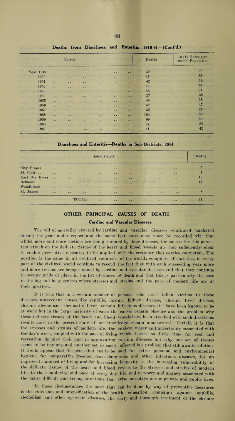 Deaths from Diarrhoea and Enteritis—1918-61—(Cont’d.) Period Deaths Death Rates per 100,000 Population Year 1949' 30 30 3950 37 35 1951 42 39 1952 39 36 1953 58 51 1954 37 32 1955 45 38 1956 57 47 1957 35 29 1958 104 86 1959 69 69 1960 57 60 1961 41 42 Diarrhoea and Enteritis—Deaths in Sub-Districts, 1961 Sub-districts Deaths City Proper 5 St. Clair .. 1 East Pry Elver 16 Belmont 11 Woodbrook — St. James 8 TOTAL 41 OTHER PRINCIPAL CAUSES OF DEATH Cardiac and Vascular Diseases The toll of mortality exacted by cardiac and vascular diseases continued unabated during the year under report and the same fact must once more be recorded viz. that whilst more and more victims are being claimed by these diseases, the causes for this persis¬ tent attack on the delicate tissues of the heart and blood vessels are not sufficiently clear to enable preventive measures to be applied with the certainty that carries' conviction. The position is the same in all civilized countries of the world; compilers of statistics in every part of the civilized world continue to record the fact that with each succeeding year more and more victims are being claimed by cardiac and vascular diseases and that they continue to occupy pride of place in the list of causes of death and that this is particularly the case in the big and busy centres where stresses and strains and the pace of modern life are at their greatest. It is true that in a certain number of persons who have fallen victims to these diseases, antecedent causes like syphilis, chronic kidney disease, chronic liver disease, chronic alcoholism, rheumatic fever, certain infectious diseases etc. have been known to be at work but in the large majority of cases the causes remain obscure and the problem why these delicate tissues of the heart and blood vessels have been attacked with such disastrous results must in the present state of our knowledge remain unanswered. Certain it is that the stresses and strains of modern life, the anxiety, worry and uncertainty associated with the day’s work, coupled with the pace of living which leaves' so little time for rest and recreation, do play their part in aggravating existing diseases but why one set of tissues seems to be immune and another set so easily affected is a problem that still awaits solution. It would appear that the price that has to be paid for better personal and environmental hygiene, for comparative freedom from dangerous and other infectious diseases, for an improved standard of living and for increasing longevity is the increasing vulnerability of the delicate tissues of the heart and blood vessels to the stresses and strains of modern life, to the complexity and pace of every day life, and to worry and anxiety associated with the many difficult and trying situations that arise nowadays in our private and public lives. In these circumstances the most that can be done by way of preventive measures is the extension and intensification of the health education campaign against syphilis, alcoholism and other systemic diseases, the early and thorough treatment of the chronic