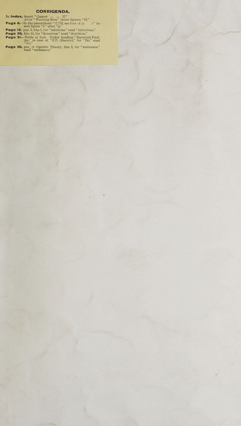 CORRIGENDA. In Index, insert “Cancer . 27.” After “ Washing Sites” insert figures “ 61.” Page 6.—In the parenthesis “ (7,778, see foot of p. ) ” in¬ sert figure “3” after “p.” Page 15, par. 5, line 1, for “infectous” read “infectious.” Page 20, line 15, for “ detention ” read “ dentition,” Page 21.—Table at foot. Under heading “ Bacterial Find¬ ing,” in case of “F.P. (Basuto),” for “Do.” read “.No.” Page 26, par. re Opsonic Theory, line 5, for “resistence” read “ resistance.”