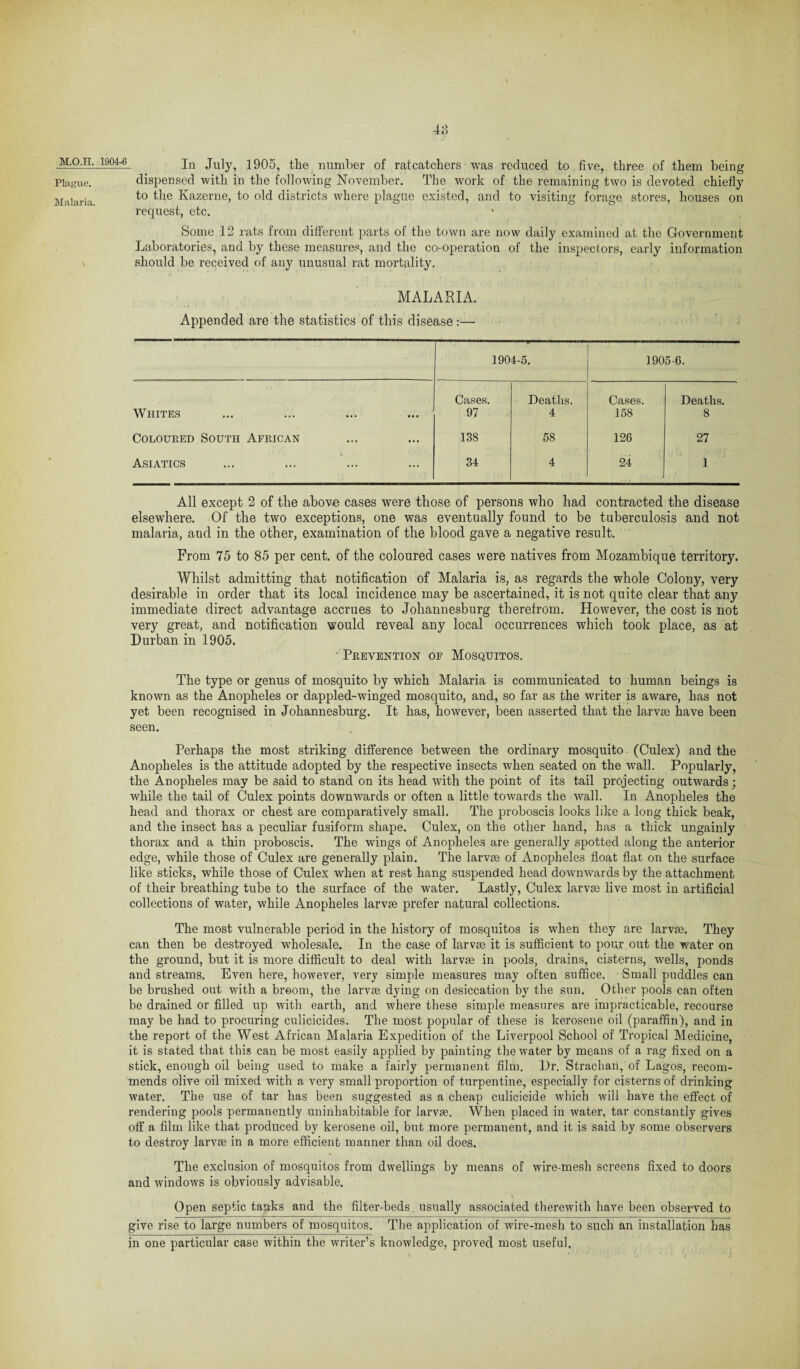 M.O.H. 1904-6 Plague. Malaria. In July, 1905, the number of ratcatchers was reduced to five, three of them being dispensed with in the following November. The work of the remaining two is devoted chiefly to the Ivazerne, to old districts where plague existed, and to visiting forage stores, houses on request, etc. * Some 13 rats from different parts of the town are now daily examined at the Government Laboratories, and by these measures, and the co-operation of the inspectors, early information should be received of any unusual rat mortality. MALARIA. Appended are the statistics of this disease:— 1904-5. 1905-6. Cases. Deaths. Cases. Deaths. Whites 97 4 158 8 Coloured South African 138 58 126 27 Asiatics 34 4 24 1 All except 2 of the above cases were those of persons who had contracted the disease elsewhere. Of the two exceptions, one was eventually found to be tuberculosis and not malaria, and in the other, examination of the blood gave a negative result. From 75 to 85 per cent, of the coloured cases were natives from Mozambique territory. Whilst admitting that notification of Malaria is, as regards the whole Colony, very desirable in order that its local incidence may be ascertained, it is not quite clear that any immediate direct advantage accrues to Johannesburg therelrom. However, the cost is not very great, and notification would reveal any local occurrences which took place, as at Durban in 1905. ■ Prevention of Mosquitos. The type or genus of mosquito by which Malaria is communicated to human beings is known as the Anopheles or dappled-winged mosquito, and, so far as the writer is aware, has not yet been recognised in Johannesburg. It has, however, been asserted that the larvae have been seen. Perhaps the most striking difference between the ordinary mosquito (Culex) and the Anopheles is the attitude adopted by the respective insects when seated on the wall. Popularly, the Anopheles may be said to stand on its head with the point of its tail projecting outwards; while the tail of Culex points downwards or often a little towards the wall. In Anopheles the head and thorax or chest are comparatively small. The proboscis looks like a long thick beak, and the insect has a peculiar fusiform shape. Culex, on the other hand, has a thick ungainly thorax and a thin proboscis. The wings of Anopheles are generally spotted along the anterior edge, while those of Culex are generally plain. The larvae of Anopheles float flat on the surface like sticks, while those of Culex when at rest hang suspended head downwards by the attachment of their breathing tube to the surface of the water. Lastly, Culex larvae live most in artificial collections of water, while Anopheles larvae prefer natural collections. The most vulnerable period in the history of mosquitos is when they are larvae. They can then be destroyed wholesale. In the case of larvae it is sufficient to pour out the water on the ground, but it is more difficult to deal with larvae in pools, drains, cisterns, wells, ponds and streams. Even here, however, very simple measures may often suffice. Small puddles can be brushed out with a broom, the larvae dying on desiccation by the sun. Other pools can often be drained or filled up with earth, and where these simple measures are impracticable, recourse may be had to procuring culicicides. The most popular of these is kerosene oil (paraffin), and in the report of the West African Malaria Expedition of the Liverpool School of Tropical Medicine, it is stated that this can be most easily applied by painting the water by means of a rag fixed on a stick, enough oil being used to make a fairly permanent film. Dr. Strachan, of Lagos, recom¬ mends olive oil mixed with a very small proportion of turpentine, especially for cisterns of drinking water. The use of tar has been suggested as a cheap culicicide which will have the effect of rendering pools permanently uninhabitable for larvse. When placed in water, tar constantly gives off a film like that produced by kerosene oil, but more permanent, and it is said by some observers to destroy larvae in a more efficient manner than oil does. The exclusion of mosquitos from dwellings by means of wire-mesh screens fixed to doors and windows is obviously advisable. Open septic tanks and the filter-beds usually associated therewith have been observed to give rise to large numbers of mosquitos. The application of wire-mesh to such an installation has in one particular case within the writer’s knowledge, proved most useful,