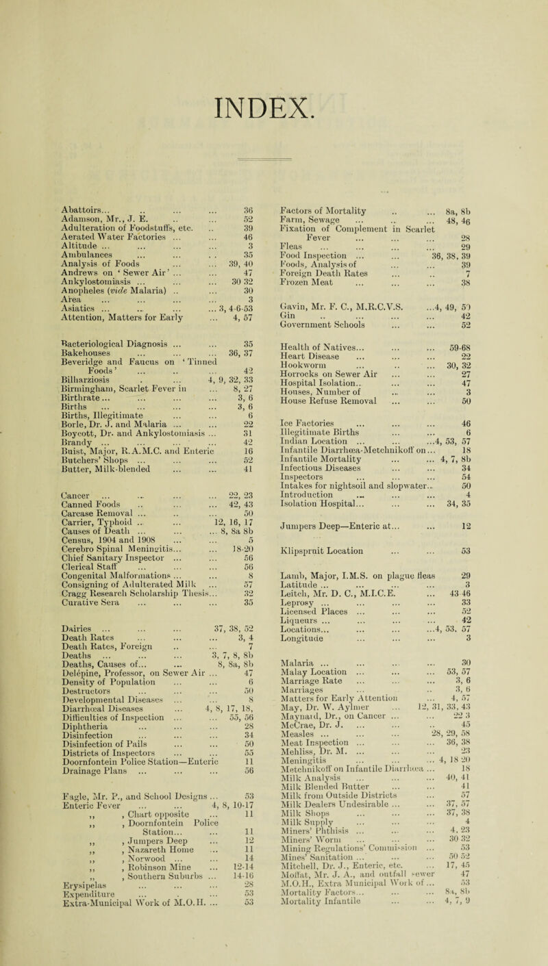 INDEX Abattoirs... Adamson, Mr., J. E. Adulteration of Foodstuff's, etc. Aerated Water Factories ... Altitude ... Ambulances Analysis of Foods Andrews on ‘Sewer Air’ ... Ankylostomiasis ... Anopheles (vide Malaria) .. Area Asiatics ... Attention, Matters for Early 36 Factors of Mortality ... 8a, 8b 52 Farm, Sewage ... 48, 46 39 Fixation of Complement in Scarlet 46 Fever 28 3 Fleas 29 35 Food Inspection ... 36, 38, 39 39, 40 Foods, Analysis of 39 47 Foreign Death Rates 7 30 32 30 3 Frozen Meat 38 , 4-6-53 Gavin, Mr. F. C., M.R.C.V.S. ...4, 49, 59 4, 57 Gin 42 Government Schools 52 Bacteriological Diagnosis ... Bakehouses Beveridge and Faucus on ‘ Tinned Foods’ Bilharziosis . ... 4, Birmingham, Scarlet Fever in Birthrate... Births Births, Illegitimate Borle, Dr. J. and Malaria ... Boycott, Dr. and Ankylostomiasis ... Brandy ... ... ... Buist, Major, R.A.M.C. and Enteric Butchers’ Shops ... Butter, Milk-blended 35 36, 37 42 9, 32, 33 8, 27 3, 6 3, 6 6 22 31 42 16 52 41 Cancer Canned Foods Carcase Removal ... Carrier, Typhoid ... Causes of Death ... Census, 1904 and 1908 Cerebro Spinal Meningitis... Chief Sanitary Inspector ... Clerical Staff Congenital Malformations ... Consigning of Adulterated Milk Cragg Research Scholarship Thesis Curative Sera 09 OQ 42’ 43 50 12, 16, 17 8, 8a 8b 5 18-20 56 56 8 57 32 35 Dairies ... ... ... 37, 38, 52 Death Rates ... ... ... 3,4 Death Rates, Foreign .. ... 7 Deaths ... ... ... 3, 7, 8, 8b Deaths, Causes of... ... 8, 8a, 8b Deldpine, Professor, on Sewer Air ... 47 Density of Population ... ... 6 Destructors ... ... ... 50 Developmental Diseases ... ... 8 Diarrhoeal Diseases ... 4, 8, 17, 18, Difficulties of Inspection ... ... 55,56 Diphtheria ... ... ... 28 Disinfection ... ... ... 34 Disinfection of Pails ... ... 50 Districts of Inspectors ... ... 55 Doornfontein Police Station—Enteric 11 Drainage Plans ... ... ... 56 Eagle, Mr. P., and School Designs ... Enteric Fever ... ... 4, 8, ,, , Chart opposite ,, , Doornfontein Police Station... ,, , Jumpers Deep ,, , Nazareth Home ,, , Norwood ... ,, , Robinson Mine ,, , Southern Suburbs ... Erysipelas Expenditure 53 10-17 11 11 12 11 14 12-14 14-16 28 53 Health of Natives... ... ... 59-68 Heart Disease ... ... ... 22 Hookworm ... .. ... 30, 32 Horrocks on Sewer Air ... ... 27 Hospital Isolation.. ... ... 47 Houses, Number of ... ... 3 House Refuse Removal ... ... 50 Ice Factories ... ... ... 46 Illegitimate Births ... ... 6 Indian Location ... ... ...4, 53, 57 Infantile Diarrhcea-Metchnikolf on... 18 Infantile Mortality ... ... 4, 7, 8b Infectious Diseases ... ... 34 Inspectors ... ... ... 54 Intakes for nightsoil and slopwater... 50 Introduction ... ... 4 Isolation Hospital... ... ... 34, 35 Jumpers Deep—Enteric at... ... 12 lvlipspruit Location ... ... 53 Lamb, Major, I.M.S. on plague fleas 29 Latitude ... ... ... ... 3 Leitch, Mr. D. C., M.I.C.E. ... 43 46 Leprosy ... ... ... ... 33 Licensed Places ... ... ... 52 Liqueurs ... ... ... ... 42 Locations... ... ... ...4, 53. 57 Longitude ... ... ... 3 Malaria ... ... ... ... 30 Malay Location ... ... ... 53, 57 Marriage Rate ... ... ... 3, 6 Marriages ... .. 3, 6 Matters for Early Attention ... 4,57 May, Dr. W. Aylmer ... 12, 31, 33, 43 Maynaul, Dr., on Cancer ... ... 22 3 McCrae, Dr. J. ... ... .. 45 Measles ... ... ... 28, 29, 58 Meat Inspection ... ... ... 36, 38 Mehliss, Dr. M. ... ... ... 23 Meningitis ... ... ... 4, 18 20 Metchnikoff on Infantile Diarrhcua ... 18 Milk Analysis ... ... ... 40,41 Milk Blended Butter ... ... 41 Milk from Outside Districts ... 57 Milk Dealers Undesirable ... ... 37, 57 Milk Shops ... ... ... 37, 38 Milk Supply ... ... ... 4 Miners’ Phthisis ... ... ••• 4. 23 Miners’ Worm ... ... ... 30 32 Mining Regulations’ Commission ... 53 Mines’Sanitation ... ... ... 50 52 Mitchell, Dr. J., Enteric, etc. ... 17, 45 Moffat, Mr. J. A., and outfall sewer 47 M.O.H., Extra Municipal Work of ... 53 Mortality Factors... ... ... 8a, 8b