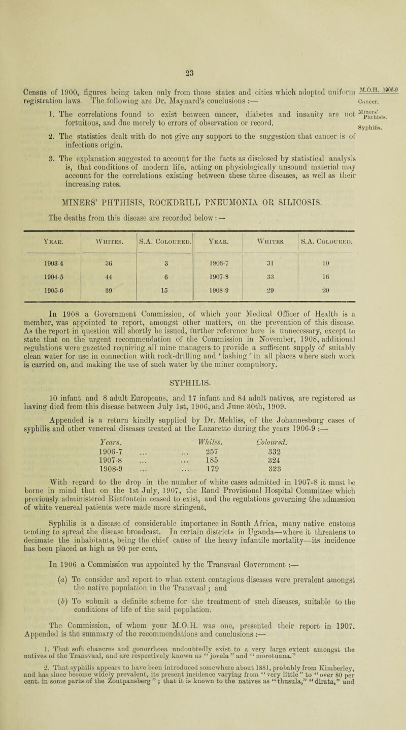 Census of 1900, figures being taken only from those states and cities which adopted uniform registration laws. The following are Dr. Maynard’s conclusions :— 1. The correlations found to exist between cancer, diabetes and insanity are not fortuitous, and due merely to errors of observation or record. 2. The statistics dealt with do not give any support to the suggestion that cancer is of infectious origin. 3. The explanation suggested to account for the facts as disclosed by statistical analysis is, that conditions of modern life, acting on physiologically unsound material may account for the correlations existing between these three diseases, as well as their increasing rates. MINERS’ PHTHISIS, ROCKDRILL PNEUMONIA OR SILICOSIS. The deaths from this disease are recorded below: — Y EAR. Whites. S.A. Coloured. Year. Whites. S.A. Coloured. 1903-4 36 3 1906-7 31 10 1904-5 44 6 1907-8 33 16 1905 6 39 15 1908-9 29 20 In 1908 a Government Commission, of which your Medical Officer of Health is a member, was appointed to report, amongst other matters, on the prevention of this disease. As the report in question will shortly be issued, further reference here is unnecessary, except to state that on the urgent recommendation of the Commission in November, 1908, additional regulations were gazetted requiring all mine managers to provide a sufficient supply of suitably clean water for use in connection with rock-drilling and ‘ lashing ’ in all places where such work is carried on, and making the use of such water by the miner compulsory. SYPHILIS. 10 infant and 8 adult Europeans, and 17 infant and 84 adult natives, are registered as having died from this disease between July 1st, 1906, and June 30th, 1909. Appended is a return kindly supplied by Dr. Mehliss, of the Johannesburg cases of syphilis and other venereal diseases treated at the Lazaretto during the years 1906-9 ■ Years. Whites. Coloured. 1906- 7 1907- 8 1908- 9 257 332 185 324 179 323 With regard to the drop in the number of white cases admitted in 1907-8 it must lie borne in mind that on the 1st July, 1907, the Rand Provisional Hospital Committee which previously administered Rietfontein ceased to exist, and the regulations governing the admission of white venereal patients were made more stringent. Syphilis is a disease of considerable importance in South Africa, many native customs tending to spread the disease broadcast. In certain districts in Uganda—where it threatens to decimate the inhabitants, being the chief cause of the heavy infantile mortality—its incidence has been placed as high as 90 per cent. In 1906 a Commission was appointed by the Transvaal Government :— (a) To consider and report to what extent contagious diseases were prevalent amongst the native population in the Transvaal ; and (5) To submit a definite scheme for the treatment of such diseases, suitable to the conditions of life of the said population. The Commission, of whom your M.O.H. was one, presented their report in 1907. Appended is the summary of the recommendations and conclusions :— 1. That soft chancres and gonorrhoea undoubtedly exist to a very large extent amongst the natives of the Transvaal, and are respectively known as “ jovela ” and “ morotuana.” 2. That syphilis appears to have been introduced somewhere about 1881, probably from Kimberley, and has since become widely prevalent, its present incidence varying from “ very little” to “over 80 per cent, in some parts of the Zoutpansberg ” ; that it is known to the natives as “ thusula,” “ dirata,” and M.O.H. 1006-9 Cancer. Miners’ Phthisis. Syphilis.