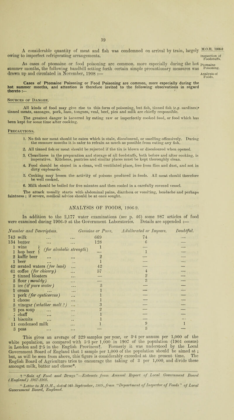 A considerable quantity of meat and fish was condemned on arrival by train, largely owing to imperfect refrigerating arrangements. As cases of ptomaine or food poisoning are common, more especially during the hot summer months, the following handbill setting forth certain simple precautionary measures was drawn up and circulated in November, 1908 :— Cases of Ptomaine Poisoning or Food Poisoning are common, more especially during the hot summer months, and attention is therefore invited to the following observations in regard thereto :— Sources of Danger. All kinds of food may give rise to this form of poisoning, but fish, tinned fish (e.g. sardines)* * tinned meats, sausages, pork, ham, tongues, veal, heef, pies and milk are chiefly responsible. The greatest danger is incurred by eating raw or imperfectly cooked food, or food which has been kept for some time after cooking. Precautions. 1. No fish nor meat should be eaten which is stale, discoloured, or smelling offensively. During the summer months it is safer to refrain as much as possible from eating any fish, 2. All tinned fish or meat should be rejected if the tin is blown or discoloured when opened. 3. Cleanliness in the preparation and storage of all foodstuffs, both before and after cooking, is imperative. Kitchens, pantries and similar places must be kept thoroughly clean. 4. Food should be stored in a clean, well ventilated place, free from Hies and dust, and not in dirty cupboards. 5. Cooking may lessen the activity of poisons produced in foods. All meat should therefore be well cooked. 6. Milk should be boiled for five minutes and then cooled in a carefully covered vessel. The attack usually starts with abdominal pains, diarrhoea or vomiting, headache and perhaps faintness ; if severe, medical advice should be at once sought. ANALYSIS OF FOODS, 1906-9. In addition to the 2,177 water examinations (see p. 46) some 987 articles of food were examined during 1906-9 at the Government Laboratories. Details are appended :— Number and Description. Genuine or Pure. Adulterated or Impure. 743 milk 669 74 134 butter 128 6 I u *110;, i (for alcoholic 1 hop beer ) strength) 1 2 kaffir beer 2 — 1 beer 1 — 42 aerated waters (for lead) 42 — 61 coffee (for chicory) 57 4 2 tinned bloaters ... — 2 3 flour (mouldy) ... — 3 3 ice (if pure water) 3 — 1 cream 1 — 1 pork (for cysticercus) 1 — 1 cheese 1 — 3 vinegar (whether malt ?) 3 — 2 pea soup 2 — 4 chaff ... 1 — 1 biscuits 1 — 11 condensed milk 1 9 3 peas — 3 Doubtful. 1 This gives an average of 329 samples per year, or 3*4 per annum per 1,000 of the white population, as compared with 5'3 per 1,000 in 1907 of the population (1901 census) in London and 2‘5 in the English Provincesf. Formerly it was understood by the Local Government Board of England that 1 sample per 1,000 of the population should be aimed at ; but, as will be seen from above, this figure is considerably exceeded at the present time. The English Board of Agriculture tries to encourage the taking of 3 per 1,000, and divide these amongst milk, butter and cheese*. + “Sale of Food and Drugs —Extracts from Annual Report of Local Government Board ( England) 1907-1908. * Letter to M.O.H., dated 9th September, 1909, from “Department of Inspector of Foods of Local Government Board, England. M.O.H. 1906-9 inspection of Foodstuffs. Ptomaine Poisoning. Analysis of Foods.