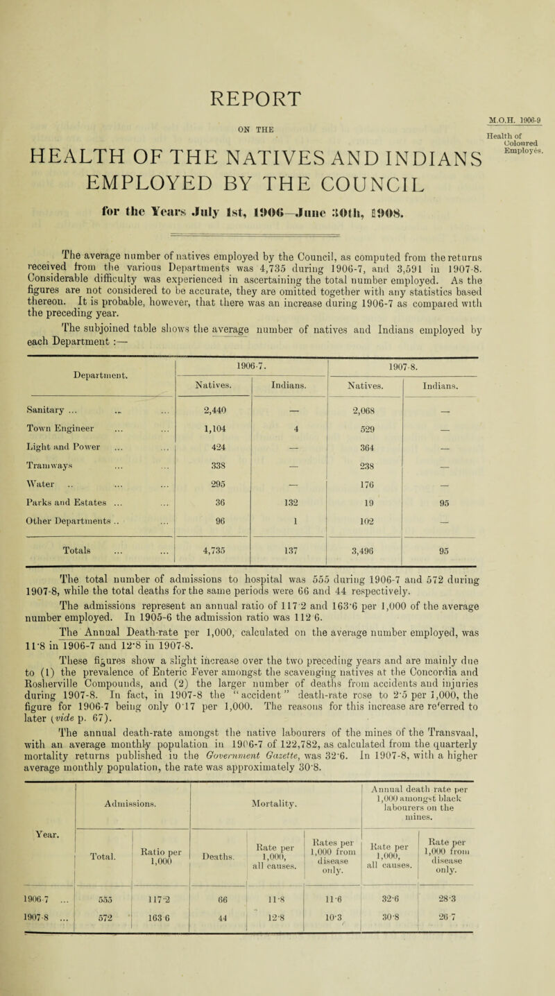 REPORT M.O.H. 1906-9 ON THE HEALTH OF THE NATIVES AND INDIANS EMPLOYED BY THE COUNCIL Health of Colon red Employes. for the Years July 1st, ll)0«-June :tOtli, 111108. The average number of natives employed by the Council, as computed from the returns received from the various Departments was 4,735 during 1906-7, and 3,591 in 1907-8. Considerable difficulty was experienced in ascertaining the total number employed. As the figures are not considered to be accurate, they are omitted together with any statistics based thereon. It is probable, however, that there was an increase during 1906-7 as compared with the preceding year. The subjoined table shows the average number of natives and Indians employed by each Department :— Department. 1906-7. 1907-8. Natives. Indians. Natives. Indians. Sanitary ... 2,440 — 2,068 — Town Engineer 1,104 4 529 — Light and Power 424 — 364 — Tram ways 338 — 238 — Water 295 — 176 — Parks and Estates ... 36 132 19 95 Other Departments .. 96 1 102 —: Totals 4,735 137 3,496 95 The total number of admissions to hospital was 555 during 1906-7 and 572 during 1907-8, while the total deaths for the same periods wTere 66 and 44 respectively. The admissions represent an annual ratio of 117 2 and 163‘6 per 1,000 of the average number employed. In 1905-6 the admission ratio was 112 6. The Annual Death-rate per 1,000, calculated on the average number employed, was 11-8 in 1906-7 and 12*8 in 1907-8. These figures show a slight increase over the two preceding years and are mainly due to (1) the prevalence of Enteric Fever amongst the scavenging natives at the Concordia and Rosherville Compounds, and (2) the larger number of deaths from accidents and injuries during 1907-8. In fact, in 1907-8 the “accident” death-rate rose to 2-5 per 1,000, the figure for 1906-7 being only 0 17 per 1,000. The reasons for this increase are referred to later {vide p. 67). The annual death-rate amongst the native labourers of the mines of the Transvaal, with an average monthly population in 1906-7 of 122,782, as calculated from the quarterly mortality returns published iu the Government Gazette, was 32-6. In 1907-8, with a higher average monthly population, the rate was approximately 30-8. Admissions. Mortality, Annual death rate per 1,000 amongst black labourers on the mines. Y ear. Total. Ratio per 1,000 Deaths. Rate per 1,000, all causes. Rates per 1,000 from disease only. Rate per 1,000, all causes. Rate per 1,000 from disease only. 1906 7 ... 555 117-2 66 11-8 11-6 32-6 28-3