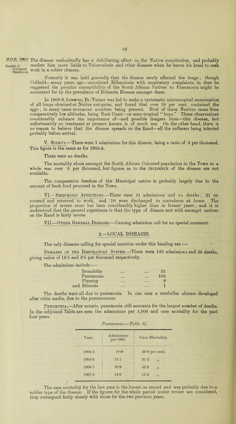 H.O.B. 1906-9 Health of Coloured Employes The disease undoubtedly has a debilitating effect on the Native constitution, and probably renders him more liable to Tuberculosis and other diseases when he leaves his kraal to seek work in a colder climate. Formerly it was held generally that the disease rarely affected the lungs ; though Cobbold—many years ago—associated Bilhaiziosis with respiratory complaints, in that he suggested the peculiar susceptibility of the South African Natives to Pneumonia might be accounted for by the prevalence of Bilharzia Disease amongst them. In 1908-9, however, Dr. Turner was led to make a systematic microscopical examination of all lungs obtained at Native autopsies, and found that over 50 per cent, contained the eggs ; in many cases enormous numbers being present. Most of these Natives came from comparatively low altitudes, being East Coast—or semi-tropical “ boys.” These observations considerably enhance the importance of—and possible dangers from—this disease, but unfortunately no treatment at present known is of much use. On the other hand, there is no reason to believe that the disease spreads on the Rand—all the sufferers being infected probably before arrival. V. Scurvy.—There were 7 admissions for this disease, being a ratio of -8 per thousand. This figure is the same as for 1905-6. There were no deaths. The mortality alone amongst the South African Coloured population in the Town as a whole was over *5 per thousand, but figures as to the incidence of the disease are not available. The comparative freedom of the Municipal native is probably largely due to the amount of fresh food procured in the Town, VI. —Rheumatic Affections.—There were 41 admissions and no deaths; 31 re¬ covered and returned to work, and 110 were discharged to convalesce at home. The proportion of severe cases has been considerably higher than in former years ; and it is understood that the general experience is that the type of disease met with amongst natives on the Rand is fairly severe. VII. —Other General Diseases.—Causing admission call for no special comment. 2.—LOCAL DISEASES. The only diseases calling for special mention under this heading are :— Diseases of the Respiratory System.—There were 149 admissions and 30 deaths, giving ratios of 18T and 3‘6 per thousand respectively. The admissions include :— Bronchitis Pneumonia Pleurisy and Silicosis 35 104 9 1 The deaths were all due to pneumonia. In one case a cerebellar abscess developed after otitis media, due to the pneumoeocus. Pneumonia.—After enteric, pneumonia still accounts for the largest number of deaths. In the subjoined Table are seen the admissions per 1,000 and case mortality for the past four years. Pneumonia.—Table G. Year. Admissions per 1000. Case Mortality. 1904-5 8-08 38 0 per cent. 1905-6 14-1 31-2 „ 1906-7 10-9 423 1907-8 14-9 153 The case mortality for the last year is the lowest on record and was probably due to a milder type of the disease. If the figures for the whole period under review are considered, they correspond fairly closely with those for the two previous years.