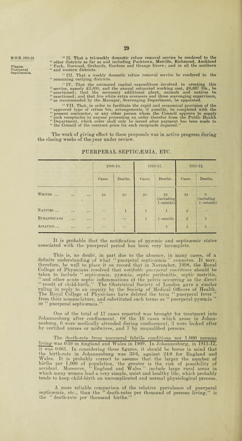 M.O.H. 1911-12 Plague. Puerperal Septicasmia. “ II. That a tri-weekly domestic refuse removal service be rendered to the “ other districts as far as and including Parktown, Melville, Richmond, Auckland “Park, Norwood, Orchards, Gardens and Orange Grove; and in all the southern “ and western districts. “ III. That a weekly domestic refuse removal service be rendered to the “ remaining outlying districts. “ IV. That the estimated capital expenditure involved in creating this “service, namely £5,600, and the annual estimated working cost, £6,637 10s., be “sanctioned; that the necessary additional plant, animals and natives be “sanctioned; and that five white extra overseers and three scavenging supervisors, “ as recommended by the Manager, Scavenging Department, be appointed. “ VII. That, in order to facilitate the rapid and economical provision of the “ approved type of refuse bin, arrangements, if possible, be completed with the “ present contractor, or any other person whom the Council approve to supply “ such receptacles to anyone presenting an order therefor from the Public Health “ Department, which order shall only be issued after payment has been made to “ the Council of the contract price for each receptacle required.” Tlie work of giving effect to tliese proposals Tvas in active progress during the closing weeks of the year under review. PUERPERAL SEPTICAEMIA, ETC. 11)09 -10. 1910-11. 1911 -12. Cases. Deaths. Cases. Deaths. Cases. Deaths. Whites ... 9 10 10 20 12 (including’ 1 outside) 12 9 (including' 1 outside) Natives ... — 1 1 1 2 — Eurafricans — — 1 1 outside 2 3 Asiatics... — — i i 1 It is probable that the notification of pytemic and septicsemic states associated with the puerperal period lias been very incomplete. This is, no doubt, in part due to the absence, in many cases, of a definite understanding of what “puerperal septicaemia” connotes. It may, therefore, be well to place it on record that in November, 1898, the Royal College of Physicians resolved that notifiable 'puerperal conditions should be taken to include “ septicaemia, pyaemia, septic peritonitis, septic metritis, “and other acute septic inflammations of the pelvis occurring as the direct “result of child-birth.” The Obstetrical Society of London gave a similar ruling in reply to an inquiry by the Society of Medical Officers of Health. The Royal College of Physicians have deleted the term “ puerperal fever ” from their nomenclature, and substituted such terms as “ puerperal pyaemia ” or “ puerperal septicaemia.” One of the total of IT cases reported was brought for treatment into Johannesburg after confinement. Of the 16 cases which arose in Johan¬ nesburg, 6 were medically attended during confinement, 3 wmre looked after by certified nurses or midwives, and 7 by unqualified persons. The death-rate from puerperal febrile conditions per 1,000 persons living was 0-39 in England and Wales in 1909. In Johannesburg, in 1911-12, it was 0061. In considering these figures, it should be borne in mind that the birth-rate in Johannesburg was 33-6, against 24-8 for England and Wales. It is probably correct to assume that the larger the number of births per 1,000 of population, the greater is the risk of possibility of accident. Moreover, “England and Wales” include large rural areas in which many women lead a very simple, quiet and healthy life, which probably tends to keep child-birth an uncomplicated and normal physiological process. A more reliable comparison of the relative prevalence of puerperal septicaemia, etc., than the “death-rates per thousand of persons living,” is the “death-rate per thousand births.”