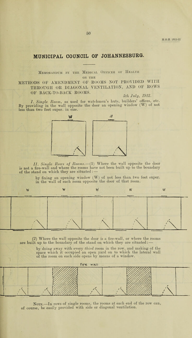 M.O.H. 1911- MUNICIPAL COUNCIL OF JOHANNESBURG. Memorandum by the Medical Officer of Health on the METHODS OF AMENDMENT OF ROOMS NOT PROVIDED WITH THROUGH OR DIAGONAL VENTILATION, AND OF ROWS OF BACK-TO-BACK ROOMS. 5th July, 1912. 1. Single Room, as used for watchmen’s Luts, builders’ offices, etc. By providing in the wall opposite the door an opening window (W) of not less than two feet super, in size. W $ 11. Single Rows of Rooms.—(1) Where the wall opposite the door is not a fire-wall and where the rooms have not been built up to the boundary of the stand on which they are situated : — by fixing an opening window (W) of not less than two feet super, in the wall of each room opposite the door of that room. W W W W VY (2) Where the wall opposite the door is a fire-wall, or where the rooms are built up to the boundary of the stand on which they are situated: — by doing away with every third room in the row, and making of the space which it occupied an open yard on to which the lateral wall of the room on each side opens by means of a window. Note.—In rows of single rooms, the rooms at each end of the row can, of course, be easily provided with side or diagonal ventilation.