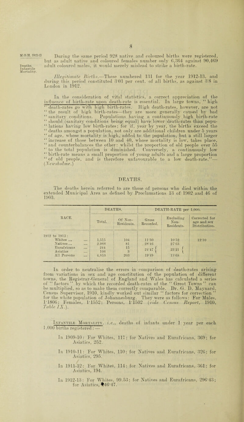 8 M.O.n. 1912-13 Deaths. I nl'antile Mortality. During’ the same period 928 native and coloured births were registered, but as adult native and coloured females number only 6,364 against 90,469 adult coloured males, it would merely mislead to strike a birth-rate. Illegitimate Births.—These numbered 13.1 for the year 1912-13, and during this period constituted 3'03 per cent, of all births, as against 3'8 in London in 1912. Til the consideration of vital statistics, a correct appreciation of the influence of birth-rate upon death-rate is essential. In large towns, “ high “ death-rates go with high birth-rates. High death-rates, however, are not “ the result of high birth-rates—they are more generally caused by bad “ sanitary conditions. Populations having a continuously high birth-rate “ should (sanitary conditions being equal) have lower death-rates than popu¬ lations having low birth-rates; for if, year by year, the births exceed the “ deaths amongst a population, not only are additional children under 5 years “ of age, whose mortality is high, added to the population, but a still larger “ increase of those between 10 and 40, whose mortality is low, takes place, “and counterbalances the other: whilst the proportion of old people over 55 <c to the total population is diminished. Conversely, a continuously low “ birth-rate means a small proportion of young adults and a large proportion “ of old people, and is therefore unfavourable to a low death-rate.”— (X ewsholme.) DEATHS. The deaths herein referred to are those of persons who died within the extended Municipal Area as defined by Proclamations 13 of 1902 and 46 of 1903. DEATHS. DEATH-RATE per 1,000. RACE. Total. Of Non- Residents. Gross Recorded. Excluding Non- Residents. Corrected for age and sex Distribution. 1912 to 1913 : Whites ... • •• 1,515 104 11'30 10*52 12-10 Natives ... • . • 2,988 81 28*46 27*63 Eurafricans • . • 244 15 24-47 { 23-21 | Asiatics • .. 106 3 All Persons ... 4.S53 203 19-49 1S-6S In order to neutralise the errors in comparison of death-rates arising from variations in sex and age constitution of the population of different towns, the Registrar-General of England and Wales has calculated a series of “ factors ” by which the recorded death-rates of the “ Great Towns ” can be multiplied, so as to make them correctly comparable. Dr. G. I). Maynard, Census Supervisor, 1910, kindly worked out similar “ factors for correction ” for the white population of Johannesburg. They were as follows: For Males, 1*1806; Females, 1*1552; Persons, 1*1502 (vide Census Report, 1910, Table IX.). Infantile Mortality, i.c., deaths of infants under 1 year per each 1.000 births registered :—~ In 1909-10: For Whites, 117; for Natives and Eurafricans, 369; for Asiatics, 252. In 19.10-11: For Whites, 110; for Natives and Eurafricans, 326; for Asiatics, 295. In 1911-12: For Whites, 114; for Natives and Eurafricans, 361; for Asiatics, 194. In 1912-13: For Whites, 99.53; for Natives and Eurafricans, 296*43; for Asiatics, ♦46*47.