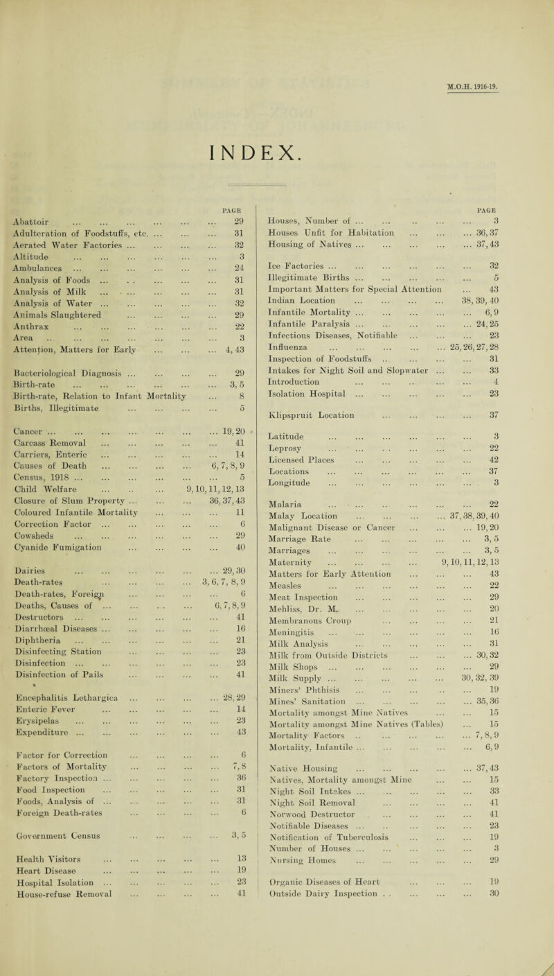 INDEX. Abattoir PAGE 29 Adulteration of Foodstuffs, etc, ... 31 Aerated Water Factories ... 32 Altitude 3 Ambulances 24 Analysis of Foods ... 31 Analysis of Milk . 31 Analysis of Water ... 32 Animals Slaughtered 29 Anthrax 22 Area 3 Attention, Matters for Early ... 4,43 Bacteriological Diagnosis ... 29 Birth-rate ... 3,5 Birth-rate, Relation to Infant Mortality 8 Births, Illegitimate 5 Houses, Number of ... PAGE 3 Houses Unfit for Habitation ... 36,37 Housing of Natives ... ... 37,43 Ice Factories ... 32 Illegitimate Births ... 5 Important Matters for Special Attention 43 Indian Location 38, 39, 40 Infantile Mortality ... ... 6,9 Infantile Paralysis ... ... 24,25 Infectious Diseases, Notifiable 23 Influenza 25, 26,27,28 Inspection of Foodstuffs 31 Intakes for Night Soil and Slopwater ... 33 Introduction 4 Isolation Hospital 23 Klipspruit Location 37 Cancer ... Carcass Removal Carriers, Enteric Causes of Death . Census, 1918 ... Child Welfare . Closure of Slum Property ... Coloured Infantile Mortality Correction Factor Cowsheds Cyanide Fumigation Dairies Death-rates Death-rates, Foreign Deaths, Causes of Destructors Diarrhceal Diseases ... Diphtheria Disinfecting Station Disinfection ... Disinfection of Pails • Encephalitis Lethargies Enteric Fever Erysipelas Expenditure ... Factor for Correction Factors of Mortality Factory Inspection ... Food Inspection Foods, Analysis of ... Foreign Death-rates Government Census Health Visitors Heart Disease Hospital Isolation ... .19,20 . 41 . 14 6, 7, 8, 9 . 5 9,10,11,12,13 36,37,43 . 11 . 6 . 29 . 40 .29,30 .. 3, 6, 7, 8, 9 . 6 .. 6,7, 8,9 . 41 . 16 . 21 . 23 . 23 . 41 .28,29 . 14 . 23 . 43 . 6 . 7,8 . 36 . 31 . 31 . 6 . 3,5 . 13 . 19 . 23 Latitude . 3 Leprosy . 22 Licensed Places . 42 Locations . 37 Longitude . 3 Malaria . 22 Malay Location ... 37,38,39,40 Malignant Disease or Cancer .19,20 Marriage Rate . 3,5 Marriages ... ... 3,5 Maternity 9,10,11,12,13 Matters for Early Attention . 43 Measles . 22 Meat Inspection . 29 Meliliss, Dr. M. . 20 Membranous Croup . 21 Meningitis . 16 Milk Analysis . 31 Milk from Outside Districts .30,32 Milk Shops . 29 Milk Supply ... 30,32,39 Miners’ Phthisis . 19 Mines’ Sanitation ... ... 35,36 Mortality amongst Mine Natives . 15 Mortality amongst Mine Natives (Tables) ... 15 Mortality Factors .7,8,9 Mortality, Infantile ... . 6,9 Native Housing .37,43 Natives, Mortality amongst Mine . 15 Night Soil Intakes ... . 33 Night Soil Removal . 41 Norwood Destructor . 41 Notifiable Diseases ... . 23 Notification of Tuberculosis . 19 Number of Houses ... . 3 Nursing Homes . 29 Organic Diseases of Heart . 19