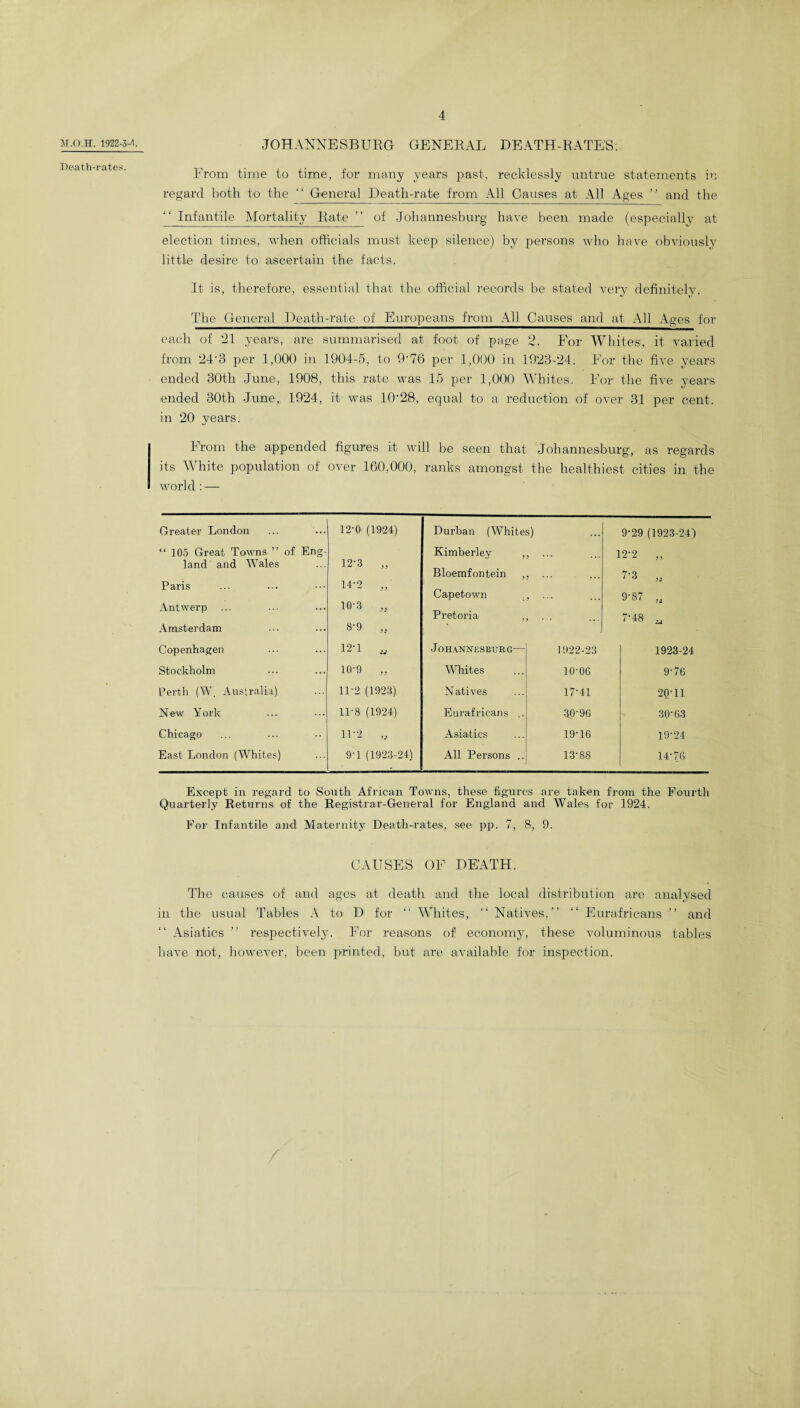 JOHANNESBURG GENERAL DEATH-RATES'. From time to time, for many years past, recklessly untrue statements in regard both to the “ Genera] Death-rate from All Causes at All Ages ” and the Infantile Mortality Rate ” of Johannesburg have been made (especially at election times, when officials must keep silence) by persons who have obviously little desire to ascertain the facts. It is, therefore, essential that the official records be stated very definitely. The General Death-rate of Europeans from All Causes and at All Ages for each of 21 years, are summarised at foot of page 2. For Whites, it varied from 243 per 1,000 in 1904-5, to 9-76 per 1,000 in 1923-24. For the five years ended 30th June, 1908, this rate was 15 per 1,000 Whites. For the five years ended 30th June, 1924, it was 10-28, equal to a reduction of over 31 per cent, in 20 years. From the appended figures it will be seen that Johannesburg, as regards its White population of over 160,000, ranks amongst the healthiest cities in the world : — M.O.H. 1922-3-4. Death-rates. Greater London 12-0 (1924) Durban (Whites) 9-29 (1923-24) “ 105 Great Towns ” of Eng- Kimberley ,, 12-2 ,, land and Wales 12'3 ,, Bloemfontein ... 7-3 „ Paris 14-2 „ Capetown 9 9-87 u Antwerp ... 10'3 „ Pretoria 7-48 „ Amsterdam 8-9 „ Copenhagen 12-1 „ ; Johannesburg— 1922-23 1923-24 Stockholm 10-9 „ Whites 10-06 9-76 Perth (W. Australia) 11'2 (1923) Natives 17-41 20-11 New York 11-8 (1924) Eurafricans .. 30-96 30-63 Chicago 1P2 „ Asiatics 19-16 19-24 East London (Whites) 9'1 (1923-24) All Persons .. 13-88 14-76 Except in regard to South African Towns, these figures are taken from the Fourth Quarterly Returns of the Registrar-General for England and Wales for 1924. For Infantile and Maternity Death-rates, see pp. 7, 8, 9. CAUSES OF DEATH. The causes of and ages at death and the local distribution are analysed in the usual Tables A to D for “ Whites, “ Natives,” “ Eurafricans ” and “ Asiatics ” respectively. For reasons of economy, these voluminous tables have not, however, been printed, but are available for inspection. /