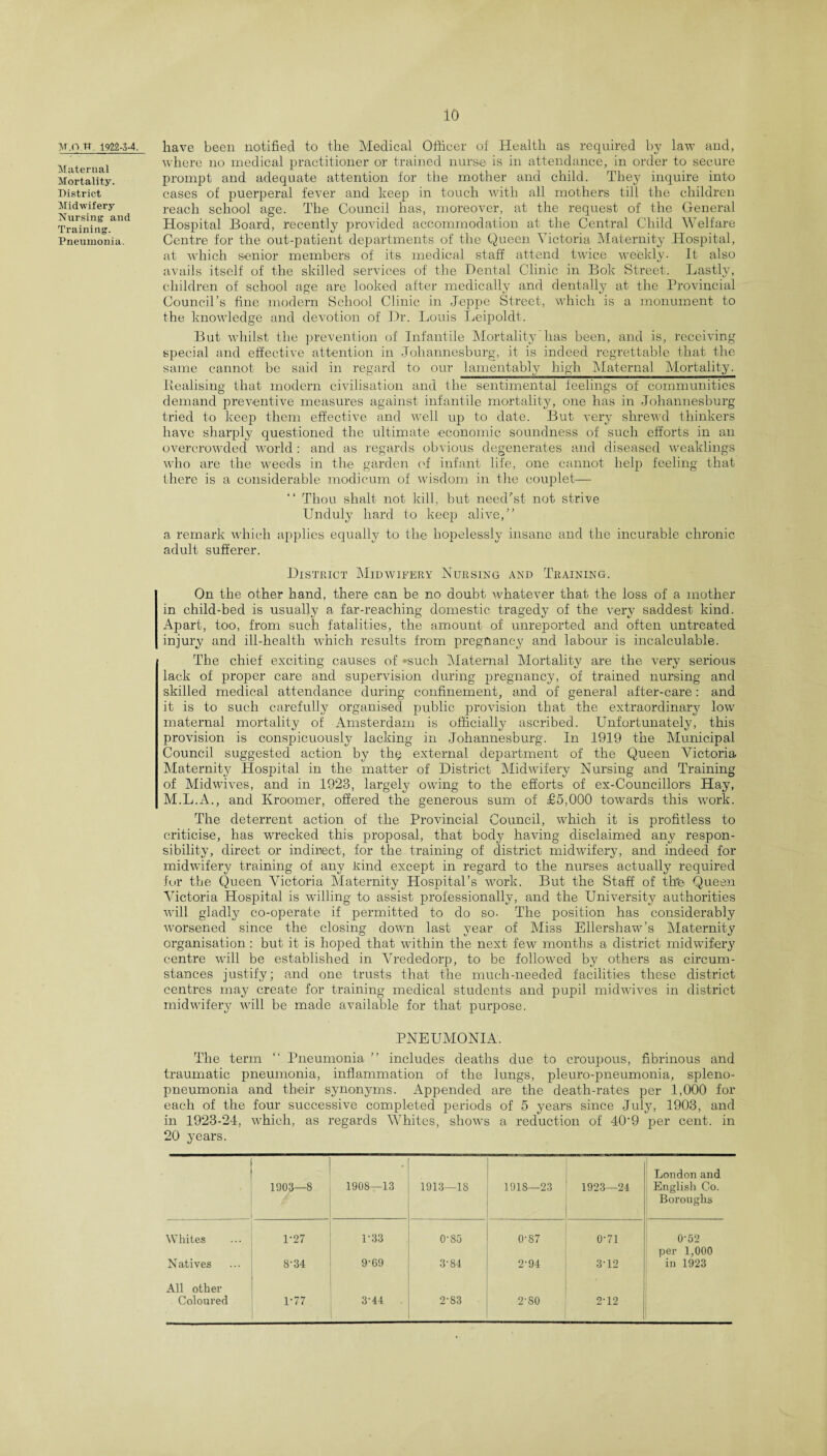 M.o TU 1922-3-4. Maternal Mortality. District Midwifery Nursing and Training. Pneumonia. have been notified to the Medical Officer of Health as required by law and, where no medical practitioner or trained nurse is in attendance, in order to secure prompt and adequate attention for the mother and child. They inquire into cases of puerperal fever and keep in touch with all mothers till the children reach school age. The Council has, moreover, at the request of the General Hospital Board, recently provided accommodation at the Central Child Welfare Centre for the out-patient departments of the Queen Victoria Maternity Hospital, at which senior members of its medical staff attend twice weekly. It also avails itself of the skilled services of the Dental Clinic in Bok Street. Lastly, children of school age are looked after medically and dentally at the Provincial Council’s fine modern School Clinic in Jeppe Street, which is a monument to the knowledge and devotion of Dr. Louis Leipoldt. But whilst the prevention of Infantile Mortality’has been, and is, receiving special and effective attention in Johannesburg, it is indeed regrettable that the same cannot be said in regard to our lamentably high Maternal Mortality. Kealising that modern civilisation and the sentimental feelings of communities demand preventive measures against infantile mortality, one has in Johannesburg tried to keep them effective and well up to date. But very shrewd thinkers have sharply questioned the ultimate economic soundness of such efforts in an overcrowded world: and as regards obvious degenerates and diseased weaklings who are the weeds in the garden of infant life, one cannot help feeling that there is a considerable modicum of wisdom in the couplet— “ Thou shalt not kill, but need’st not strive Unduly hard to keep alive,” a remark which applies equally to the hopelessly insane and the incurable chronic adult sufferer. District Midwifery Nursing and Training. On the other hand, there can be no doubt whatever that the loss of a mother in child-bed is usually a far-reaching domestic tragedy of the very saddest kind. Apart, too, from such fatalities, the amount of unreported and often untreated injury and ill-health which results from pregnancy and labour is incalculable. The chief exciting causes of *such Maternal Mortality are the very serious lack of proper care and supervision during pregnancy, of trained nursing and skilled medical attendance during confinement, and of general after-care: and it is to such carefully organised public provision that the extraordinary low maternal mortality of Amsterdam is officially ascribed. Unfortunately, this provision is conspicuously lacking in Johannesburg. In 1919 the Municipal Council suggested action by thp external department of the Queen Victoria Maternit}^ Hospital in the matter of District Midwifery Nursing and Training of Midwives, and in 1923, largely owing to the efforts of ex-Councillors Hay, VI.L.A., and Kroomer, offered the generous sum of £5,000 towards this work. The deterrent action of the Provincial Council, which it is profitless to criticise, has wrecked this proposal, that body having disclaimed any respon¬ sibility, direct or indirect, for the training of district midwifery, and indeed for midwifery training of any Rind except in regard to the nurses actually required fur the Queen Victoria Maternity Hospital’s work. But the Staff of this Queen Victoria Hospital is willing to assist professionally, and the University authorities will gladly co-operate if permitted to do so. The position has considerably worsened since the closing down last year of Miss Ellershaw’s Maternity organisation : but it is hoped that within the next few months a district midwifery centre will be established in Vrededorp, to be followed by others as circum¬ stances justify; and one trusts that the much-needed facilities these district centres may create for training medical students and pupil midwives in district midwifery will be made available for that purpose. PNEUMONIA. The term “ Pneumonia ” includes deaths due to croupous, fibrinous and traumatic pneumonia, inflammation of the lungs, pleuro-pneumonia, spleno- pneumonia and their synonyms. Appended are the death-rates per 1,000 for each of the four successive completed periods of 5 years since July, 1903, and in 1923-24, which, as regards Whites, shows a reduction of 40'9 per cent, in 20 years. 1903—8 1908—13 1913—18 1918—23 1923—24 London and English Co. Boroughs Whites 1-27 1-33 0-85 0-S7 0-71 0-52 Natives 8'34 9-69 3-84 2-94 3-12 per 1,000 in 1923 All other Coloured 1-77 3-44 2-83 2-80 2* 12