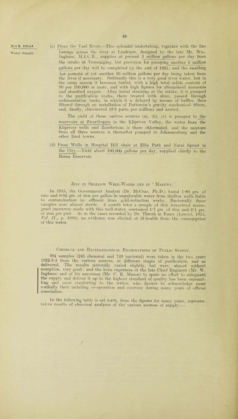 M.n H. 1922-5-4. (c) From the Vaal River.—This splendid undertaking, together with the tine Water Supply. barrage across the river at Lindeque, designed by the late Mr. Wm. Ingham, M.I.C.E., supplies at present 5 million gallons per day from the intake at Vereeniging, but provision for pumping another 5 million gallons per day will be completed by the end of 1925; and the enabling Act permits of yet another 10 million gallons per day being taken from the river if necessary. Ordinarily this is a very good river water, but in the rainy season it becomes turbid, with a high total solids content of 90 per 100,000 or more, and with high figures for albuminoid ammonia and absorbed oxygen. After initial straining at the intake, it is pumped to the purification works, there treated with alum, passed through sedimentation tanks, in which it is delayed by means of baffles, then filtered through an installation of Patterson’s gravity mechanical filters, and, finally, chlorinated (0‘5 parts per million) and aerated. The yield of these various sources (a), (b), (c) is pumped to the reservoirs at Zwartkopjes in the Klipriver Valley, the water from the Klipriver wells and Zuurbekom is there chlorinated, and the mixture from all three sources is thereafter pumped to Johannesburg and the other Reef towns. (d) From Wells in Hospital Hill shale at Ellis Park and Natal Spruit in the City.—Yield about. 100,000 gallons per day, supplied chiefly to the Berea Reservoir. Zinc in Shallow Well-Water and in ‘ Marewu.’ In 1915, the Government Analyst (Dr. McCrae, Ph.D.) found 1’89 grs. of zinc and 0’02 grs. of iron per gallon'in unpalatable water from shallow wells liable to contamination by effluent from gold-reduction works. Bacterially these samples were almost sterile. A month later a sample of thin fermented maize- gruel (marewu) made with this well-water, contained 1’7 grs. of 2inc and 6’1 grs. of iron per pint. As in the cases recorded by Dr. Thresh in Essex (Lancet, 1915, Vol. 77.,, p. 1098), no evidence was elicited of ill-health from the consumption of this water. Chemical and Bacteriological Examinations of Public Supply. 994 samples (245 chemical and 749 bacterial) were taken in the two years 1922-3-4 from the various sources, at different stages of purification, and as delivered. The results naturally varied slightly, but were, almost without exception, very good : and the keen eagerness of the late Chief Engineer (Mr. W. Ingham) and of his successor (Mr. C. E. Mason) to spare no effort to safeguard the supply and deliver it up to the highest standard of quality has been unremit¬ ting and most comforting to the writer, who desires to acknowledge most cordially their unfailing co-operation and courtesy during many years of official association. In the following table is set forth, from the figures for many years, represen¬ tative results of chemical analyses of the various sources of supply:—- /