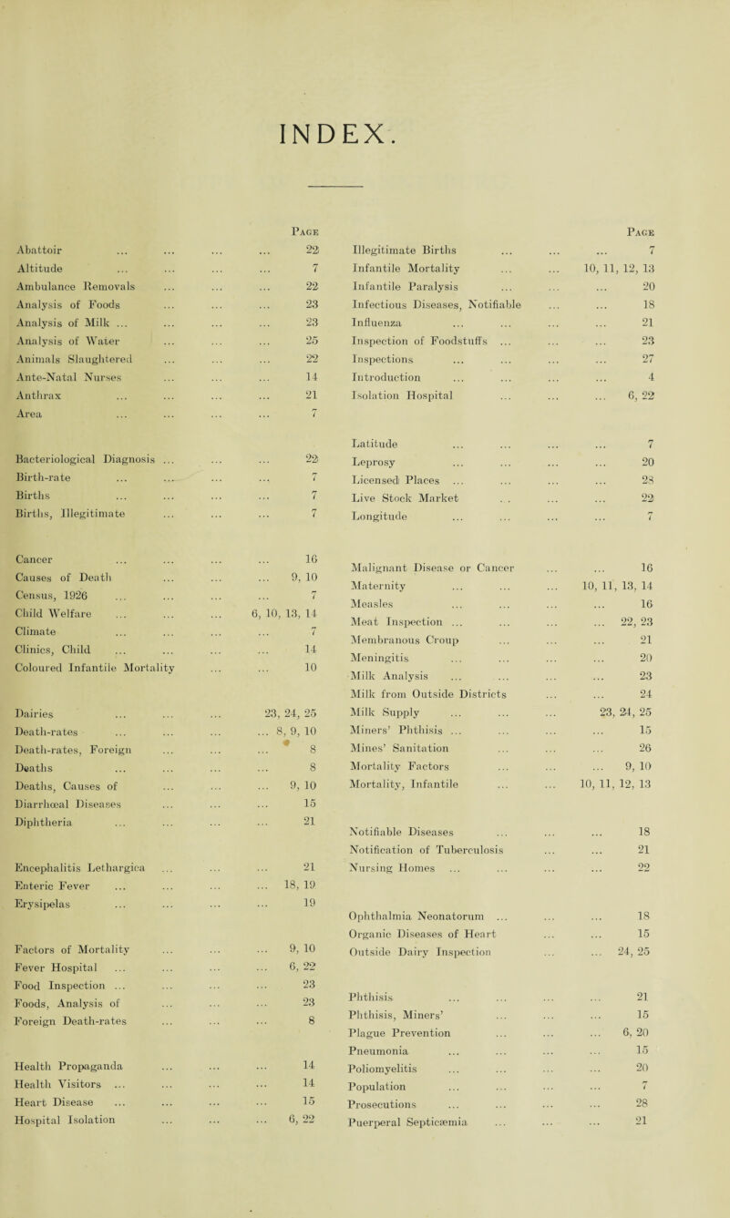 INDEX Page Abattoir ... ... ... ... 22) Altitude ... ... ... ... 7 Ambulance Removals ... ... ... 22 Analysis of Foods ... ... ... 23 Analysis of Milk ... ... ... ... 23 Analysis of Water ... ... ... 25 Animals Slaughtered ... ... ... 22 Ante-Natal Nurses ... ... ... 14 Anthrax ... ... ... ... 21 Area ... ... ... ... 7 Bacteriological Diagnosis ... ... ... 22 Birth-rate ... ... ... ... 7 Births ... ... ... ... 7 Births, Illegitimate ... ... ... 7 Cancer ... ... ... ... 1G Causes of Death ... ... ... 9, 10 Census, 1926 ... ... ... ... 7 Child Welfare ... ... ... 6, 10, 13, 14 Climate ... ... ... ... 7 Clinics, Child ... ... ... ... 14 Coloured Infantile Mortality ... ... 10 Dairies ... ... ... 23, 24, 25 Death-rates ... ... ... ... 8, 9, 10 Death-rates, Foreign ... ... ... 8 Deaths ... ... ... ... 8 Deaths, Causes of ... ... ... 9, 10 Diarrhoeal Diseases ... ... ... 15 Diphtheria ... ... ... ... 21 Encephalitis Lethargica ... ... ... 21 Enteric Fever ... ... ... ... 18, 19 Erysipelas ... ... ... ••• 19 Factors of Mortality ... ... ... 9, 10 Fever Hospital ... ... ... ... 6, 22 Food Inspection ... ... ... ... 23 Foods, Analysis of ... ... ... 23 Foreign Death-rates ... ... ... 8 Health Propaganda ... ... ... 14 Health Visitors ... ... ... ••• 14 Heart Disease ... ... ... ... 15 Page Illegitimate Births ... ... ... 7 Infantile Mortality ... ... 10, 11, 12, 13 Infantile Paralysis ... ... ... 20 Infectious Diseases, Notifiable ... ... 18 Influenza ... ... ... ... 21 Inspection of Foodstuffs ... ... ... 23 Inspections ... ... ... ... 27 Introduction ... ... ... ... 4 Isolation Hospital ... ... ... 6, 22 Latitude ... ... ... ... 7 Leprosy ... ... ... ... 20 Licensed Places ... ... ... ... 23 Live Stock Market . . ... ... 22 Longitude ... ... ... ... 7 Malignant Disease or Cancer ... ... 16 Maternity ... ... ... 10, 11, 13, 14 Measles ... ... ... ... 16 Meat Inspection ... ... ... ... 22, 23 Membranous Croup ... ... ... 21 Meningitis ... ... ... ... 20 ■Milk Analysis ... ... ... ... 23 Milk from Outside Districts ... ... 24 Milk Supply ... ... ... 23, 24, 25 Miners’ Phthisis ... ... ... ... 15 Mines’ Sanitation ... ... ... 26 Mortality Factors ... ... ... 9, 10 Mortality, Infantile ... ... 10, 11, 12, 13 Notifiable Diseases ... ... ... 18 Notification of Tuberculosis ... ... 21 Nursing Homes Ophthalmia Neonatorum ... ... ... IS Organic Diseases of Heart ... ... 15 Outside Dairy Inspection ... ... 24, 25 Phthisis ... ... ... ... 21 Phthisis, Miners’ ... ... ... 15 Plague Prevention ... ... ... 6, 20 Pneumonia ... ... ... ... 15 Poliomyelitis ... ... ... ... 20 Population ... ... ... ... 7 Prosecutions ... ... ... ... 28