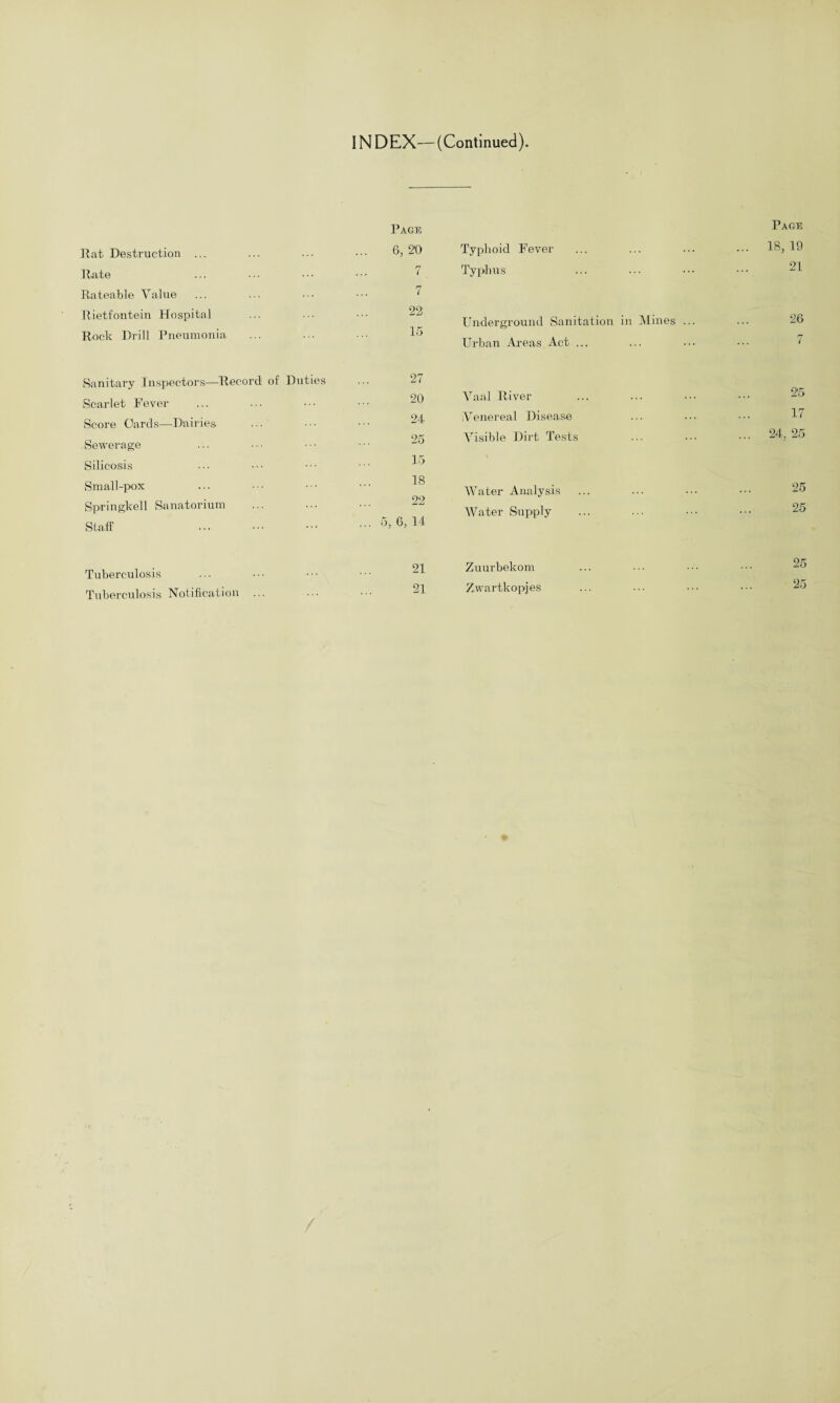 IN DEX—(Continued). Page Page Rat Destruction ... 6, 20 Typhoid Fever ... 18, 19 Rate 7 Typhus 21 Rateable Value 7 Rietfontein Hospital 22 Underground Sanitation in Mines ... 26 Rock Drill Pneumonia 15 Urban Areas Act ... ... 7 Sanitary Inspectors—Record of Duties 27 Scarlet Fever 20 Vaal River 25 Score Cards—Dairies 24 Venereal Disease 17 25 Visible Dirt Tests 24, 25 Sewerage Silicosis 15 Small-pox 18 AA Water Analysis 25 Springkell Sanatorium VV Water Supply 25 Staff ... 5, 6, 14 Tuberculosis 21 Zuurbekom 25 Tuberculosis Notification ... 21 Zwartkopjes 25