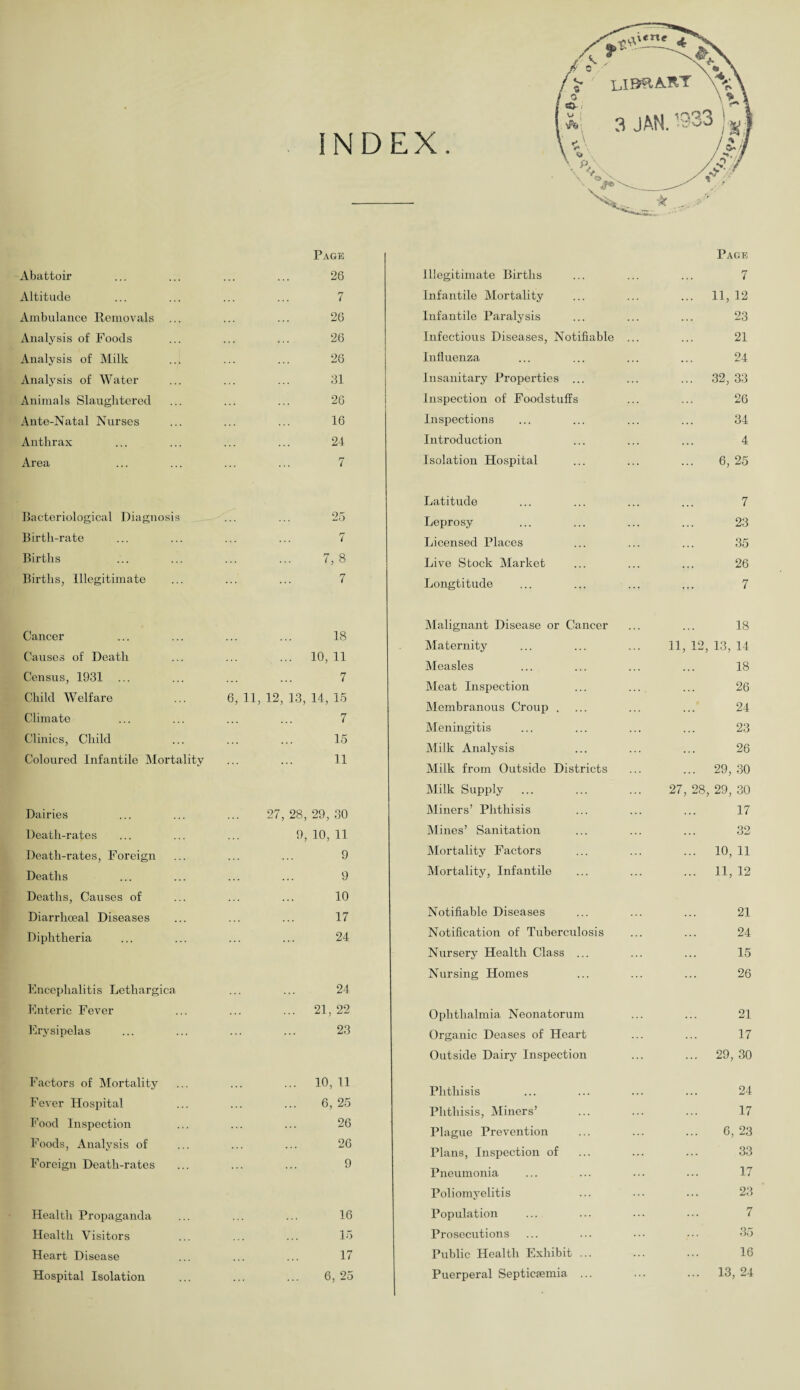 INDEX. Page Abattoir ... ... ... ... 26 Altitude ... ... ... ... 7 Ambulance Removals ... ... ... 26 Analysis of Foods ... ... ... 26 Analysis of Milk ... ... ... 26 Analysis of Water ... ... ... 31 Animals Slaughtered ... ... ... 26 Ante-Natal Nurses ... ... ... 16 Anthrax ... ... ... ... 24 Area ... ... ... ... 7 Bacteriological Diagnosis Birth-rate Births Births, Illegitimate 7,8 7 Cancer Causes of Death Census, 1931 Child Welfare Climate Clinics, Child Coloured Infantile Mortality 18 ... 10, 11 7 6, 11, 12, 13, 14, 15 7 15 11 Dairies ... ... ... 27,28,29,30 Death-rates ... ... ... 9, 10, 11 Death-rates, Foreign ... ... ... 9 Deaths ... ... ... ... 9 Deaths, Causes of ... ... ... 10 Diarrhoeal Diseases ... ... ... 17 Diphtheria ... ... ... ... 24 Encephalitis Lethargica ... ... 24 Enteric Fever ... ... ... 21, 22 Erysipelas ... ... ... ... 23 Factors of Mortality ... ... ... 10, 11 Fever Hospital ... ... ... 6, 25 Food Inspection ... ... ... 26 Foods, Analysis of ... ... ... 26 Foreign Death-rates ... ... ... 9 Health Propaganda ... ... ... 16 Health Visitors ... ... ... 15 Heart Disease ... ... ... 17 Hospital Isolation ... ... ... 6, 25 Illegitimate Births Page 7 Infantile Mortality ... 11, 12 Infantile Paralysis 23 Infectious Diseases, Notifiable ... 21 Influenza 24 Insanitary Properties ... ... 32, 33 Inspection of Foodstuffs 26 Inspections 34 Introduction 4 Isolation Hospital 6,25 Latitude 7 Leprosy 23 Licensed Places 35 Live Stock Market 26 Longtitude 7 Malignant Disease or Cancer 18 Maternity 11, 12, 13, 14 Measles 18 Meat Inspection 26 Membranous Croup . 24 Meningitis 23 Milk Analysis 26 Milk from Outside Districts ... 29, 30 Milk Supply 27, 28, 29, 30 Miners’ Phthisis 17 Mines’ Sanitation 32 Mortality Factors ... 10, 11 Mortality, Infantile ... 11, 12 Notifiable Diseases 21 Notification of Tuberculosis 24 Nursery Health Class ... 15 Nursing Homes 26 Ophthalmia Neonatorum 21 Organic Deases of Heart 17 Outside Dairy Inspection ... 29, 30 Phthisis 24 Phthisis, Miners’ 17 Plague Prevention 6, 23 Plans, Inspection of 33 Pneumonia 17 Poliomyelitis 23 Population 7 Prosecutions 35 Public Health Exhibit ... 16 Puerperal Septicaemia ... ... 13, 24