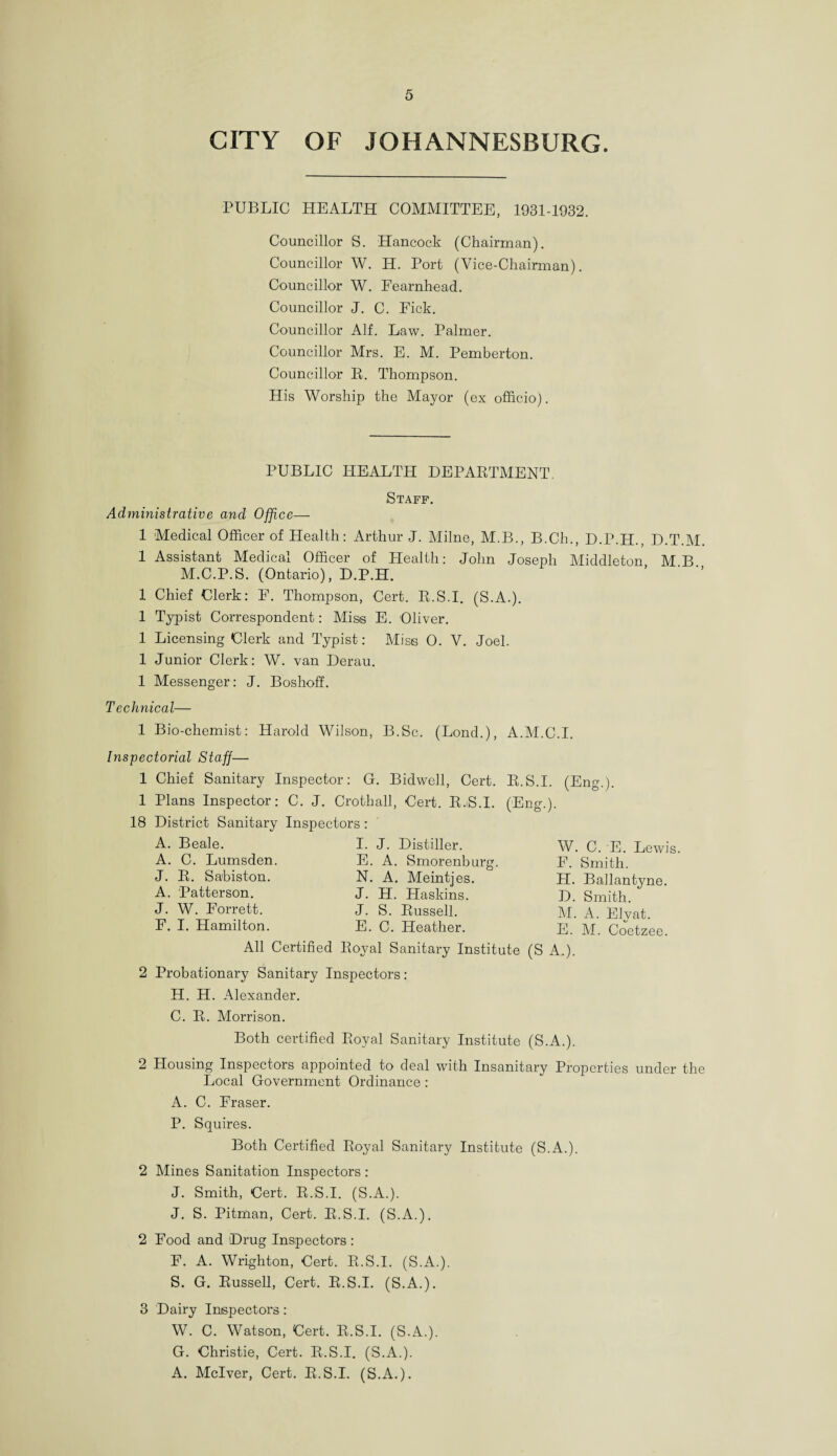 CITY OF JOHANNESBURG. PUBLIC HEALTH COMMITTEE, 1931-1932. Councillor S. Hancock (Chairman). Councillor W. H. Port (Vice-Chairman). Councillor W. Fearnhead. Councillor J. C. Fick. Councillor Alf. Law. Palmer. Councillor Mrs. E. M. Pemberton. Councillor R. Thompson. His Worship the Mayor (ex officio). PUBLIC HEALTH DEPARTMENT Staff. Administrative and Office— 1 Medical Officer of Health: Arthur J. Milne, M.B., B.Ch., D.P.H., D.T.M. 1 Assistant Medical Officer of Health: John Joseph Middleton M.B. M.C.P.S. (Ontario), D.P.H. 1 Chief Clerk: F. Thompson, Cert. R.S.I. (S.A.). 1 Typist Correspondent: Miss E. Oliver. 1 Licensing Clerk and Typist: Miss O. V. Joel. 1 Junior Clerk: W. van Derau. 1 Messenger: J. Boshoff. Technical— 1 Bio-chemist: Harold Wilson, B.Sc. (Bond.), A.M.C.I. Inspectorial Staff— (Eng.). W. C. E. Lewis. F. Smith. H. Ballantyne. D. Smith. M. A. Ely at. E. M. Coetzee. 1 Chief Sanitary Inspector: G. Bidwell, Cert. R.S.I. (En 1 Plans Inspector: C. J. Crothall, Cert. R.S.I. 18 District Sanitary Inspectors: A. Beale. I. J. Distiller. A. C. Lumsden. E. A. Smorenburg. J. R. Sabiston. N. A. Meintjes. A. Patterson. J. H. Haskins. J. W. Forrett. J. S. Russell. F. I. Hamilton. E. C. Heather. All Certified Royal Sanitary Institute (S A.). 2 Probationary Sanitary Inspectors: H. H. Alexander. C. R. Morrison. Both certified Royal Sanitary Institute (S.A.). 2 Housing Inspectors appointed to deal with Insanitary Properties under the Local Government Ordinance: A. C. Fraser. P. Squires. Both Certified Royal Sanitary Institute (S.A.). 2 Mines Sanitation Inspectors : J. Smith, Cert. R.S.I. (S.A.). J. S. Pitman, Cert. R.S.I. (S.A.). 2 Food and Drug Inspectors : F. A. Wrighton, Cert. R.S.I. (S.A.). S. G. Russell, Cert. R.S.I. (S.A.). 3 Dairy Inspectors : W. C. Watson, Cert. R.S.I. (S.A.). G. Christie, Cert. R.S.I. (S.A.). A. Mclver, Cert. R.S.I. (S.A.).