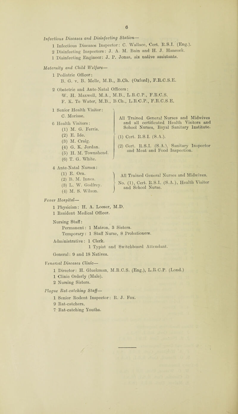 Infectious Diseases and Disinfecting Station 1 Infectious Diseases Inspector: C. Wallace, Cert. R.S.I. (Eng.). 2 Disinfecting Inspectors: J. A. M. Bain and H. J. Hancock. 1 Disinfecting Engineer: J. P. Jonas, six native assistants. Maternity and Child Welfare— 1 Pediatric Officer: B. G. v. B. Melle, M.B., B.Ch. (Oxford), E.E.C.S.E. 2 Obstetric and Ante-Natal Officers : W. H. Maxwell, M.A., M.B., L.B.C.P., E.R.C.S. F. K. Te Water, M.B., B.Ch., L.R.C.P., E.R.C.S.E, 1 Senior Health Visitor: C. Morisse. 6 Health Visitors : (1) M. G. Eerris. (2) E. Ide. (3) M. Craig. (4) G. K. Jordan. (5) H. M. Townshend. (6) T. G. White. All Trained General Nurses and Midwives and all certificated Health Visitors and School Nurses, Royal Sanitary Institute. (1) Cert. R.S.I. (S.A.). (2) Cert. R.S.I. (S.A.), Sanitary Inspector and Meat and Food Inspection. 4 Ante-Natal Nurses: (1) E. Orn. (2) B. M. Innes. (3) L. W. Godfrey (4) M. S. Wilson. All Trained General Nurses and Midwives. No. (1), Cert. R.S.I. (S.A.), Health Visitor and School Nurse. Fever Hospital— 1 Physician: TI. A. Loeser, M.D. 1 Resident Medical Officer. Nursing Staff: Permanent: 1 Matron, 3 Sisters. Temporary: 1 Staff Nurse, 8 Probationers. Administrative : 1 Clerk. 1 Typist and Switchboard Attendant. General: 9 and 18 Natives. Venefeal Diseases Clinic— 1 Director: H. Gluckman, M.R.C.S. (Eng.), L.R.C.P. (Bond.) 1 Clinic Orderly (Male). 2 Nursing Sisters. Plague Rat-catching Staff— 1 Senior Rodent Inspector: R. J. Fox. 9 Rat-catchers. 7 Rat-catching Youths.