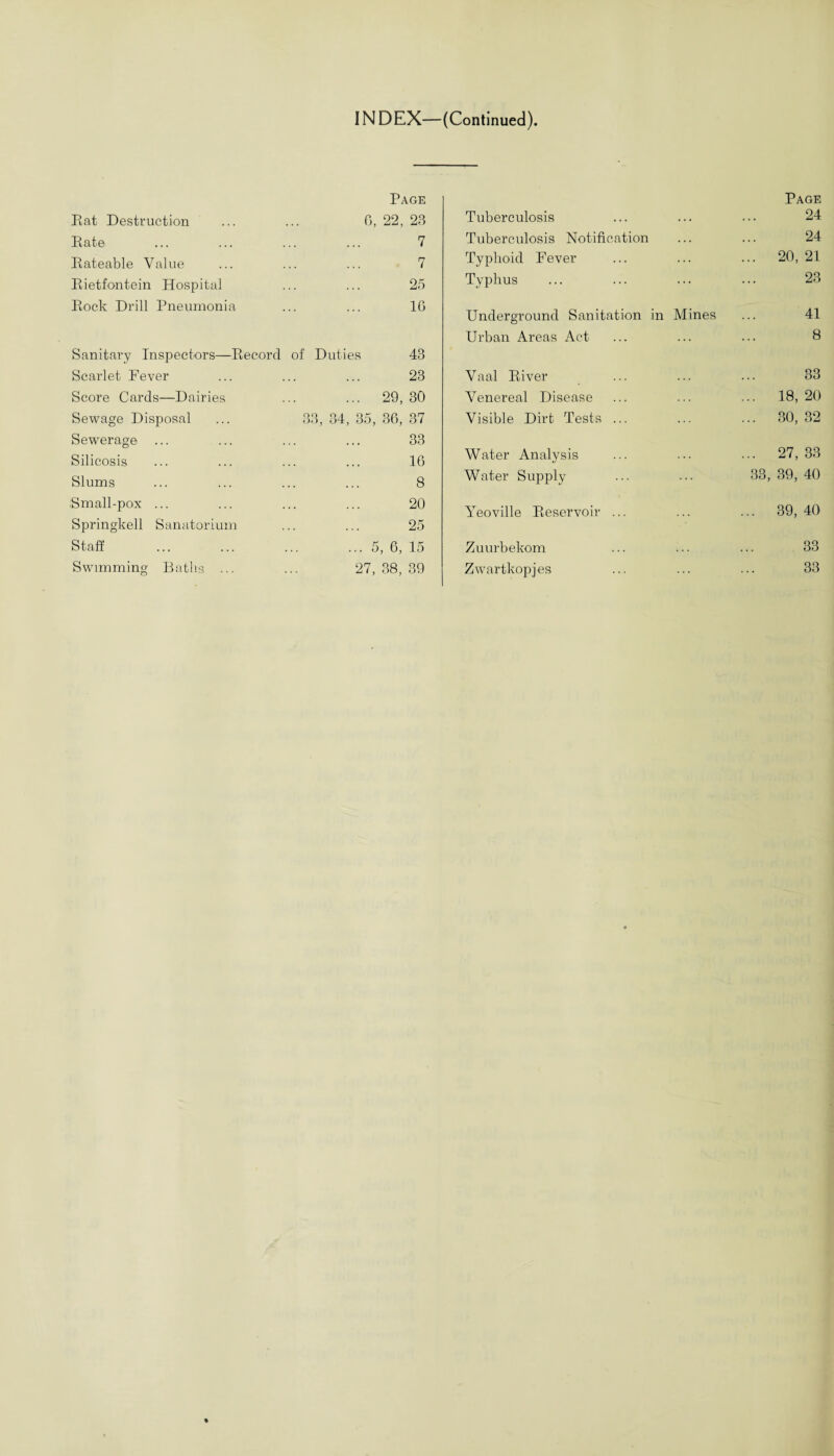 INDEX—(Continued) Page Page Rat Destruction fi, 22, 23 Tuberculosis 24 Rate 7 Tuberculosis Notification 24 Rateable Value 7 Typhoid Fever ... 20, 21 Rietfontein Hospital 25 Typhus 23 Rock Drill Pneumonia 16 Underground Sanitation in Mines 41 Urban Areas Act 8 Sanitary Inspectors—Record of Duties 43 Scarlet Rever 23 Vaal River 33 Score Cards—Dairies ... 29, 30 Venereal Disease ... 18, 20 Sewage Disposal 33, 34, 35, 36, 37 Visible Dirt Tests ... ... 30, 32 Sewerage ... 33 Silicosis 16 Water Analysis ... 27, 33 Slums . 8 Water Supply 33, 39, 40 Small-pox ... 20 Yeoville Reservoir ... ... 39,40 Springkell Sanatorium 25 Staff .5, 6, 15 Zuurbekom 33 Swimming Baths ... 27,38, 39 Zwartkopjes 33