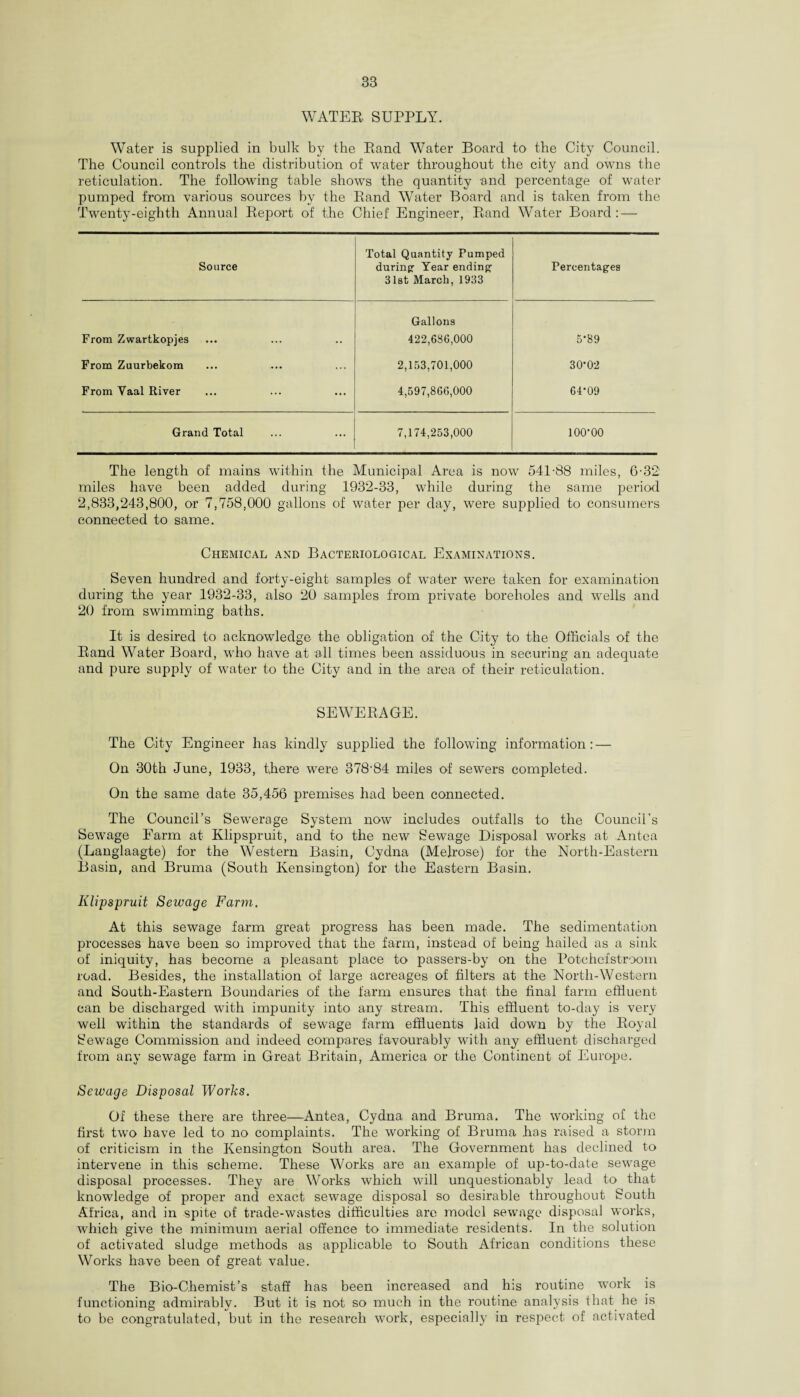 WATER SUPPLY. Water is supplied in bulk by the Rand Water Board to the City Council. The Council controls the distribution of water throughout the city and owns the reticulation. The following table shows the quantity and percentage of water pumped from various sources by the Rand Water Board and is taken from the Twenty-eighth Annual Report of the Chief Engineer, Rand Water Board: — Source Total Quantity Pumped during Year ending 31st March, 1933 Percentages Gallons From Zwartkopjes 422,636,000 5-89 From Zuurbekom 2,153,701,000 30-02 From Yaal River 4,597,866,000 64-09 Grand Total 7,174,253,000 ioo-oo The length of mains within the Municipal Area is now 541-88 miles, 6-32 miles have been added during 1932-33, while during the same period 2,833,243,800, or 7,758,000 gallons of water per day, were supplied to consumers connected to same. Chemical and Bacteriological Examinations. Seven hundred and forty-eight samples of water were taken for examination during the year 1932-33, also 20 samples from private boreholes and wells and 20 from swimming baths. It is desired to acknowledge the obligation of the City to the Officials of the Rand Water Board, who have at all times been assiduous in securing an adequate and pure supply of water to the City and in the area of their reticulation. SEWERAGE. The City Engineer has kindly supplied the following information: — On 30th June, 1933, there were 378'84 miles of sewers completed. On the same date 35,456 premises had been connected. The Council’s Sewerage System now includes outfalls to the Council’s Sewage Farm at Klipspruit, and to the new Sewage Disposal works at Antea (Langlaagte) for the Western Basin, Cydna (Melrose) for the North-Eastern Basin, and Bruma (South Kensington) for the Eastern Basin. Klipspruit Sewage Farm. At this sewage farm great progress has been made. The sedimentation processes have been so improved that the farm, instead of being hailed as a sink of iniquity, has become a pleasant place to passers-by on the Potehefstroom road. Besides, the installation of large acreages of filters at the North-Western and South-Eastern Boundaries of the farm ensures that the final farm effluent can be discharged with impunity into any stream. This effluent to-day is very well within the standards of sewage farm effluents laid down by the Royal Sewage Commission and indeed compares favourably with any effluent discharged from any sewage farm in Great Britain, America or the Continent of Europe. Sewage Disposal Works. Of these there are three—Antea, Cydna and Bruma. The working of the first two have led to no complaints. The working of Bruma has raised a storm of criticism in the Kensington South area. The Government has declined to intervene in this scheme. These Works are an example of up-to-date sewage disposal processes. They are Works which will unquestionably lead to that knowledge of proper and exact sewage disposal so desirable throughout South Africa, and in spite of trade-wastes difficulties arc model sewage disposal works, which give the minimum aerial offence to immediate residents. In the solution of activated sludge methods as applicable to South African conditions these Works have been of great value. The Bio-Chemist’s staff has been increased and his routine work is functioning admirably. But it is not so much in the routine analysis that he is to be congratulated, but in the research work, especially in respect of activated