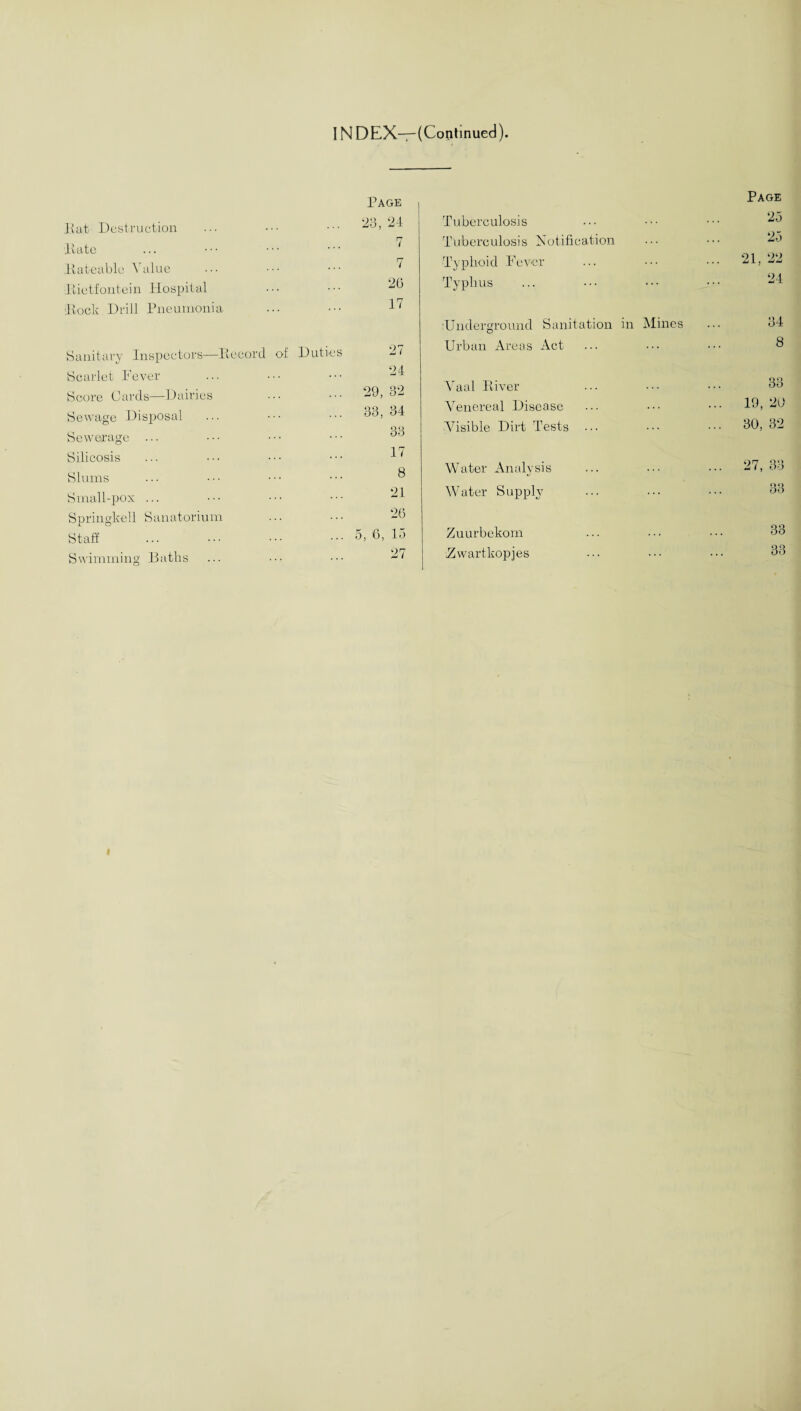 INDEX—(Continued). Page , Page Bat Destruction 23, 24 Tuberculosis 25 Bate 7 Tuberculosis Notification 25 Bate able Value 7 Typhoid Fever ... 21, 22 24 Bietfontein Hospital 2G 17 27 Typhus Bock Drill Pneumonia Sanitary Inspectors—Becord of Duties Underground Sanitation in Mines Urban Areas Act 34 8 Scarlet Fever 29, 33, 24 QO Vaal Biver 33 Score Cards—Dairies O-J 34 qq Venereal Disease ... 19, 20 Sewage Disposal Visible Dirt Tests ••• ... 30, 32 Sewerage ... Silicosis Slums Small-pox ... DO 17 8 21 Water Analysis Water Supply ... 27, 33 33 Springkell Sanatorium Staff 5, 6, 26 15 Zuurbekom 33 Swimming Baths 27 Zwartkopjes 33 i