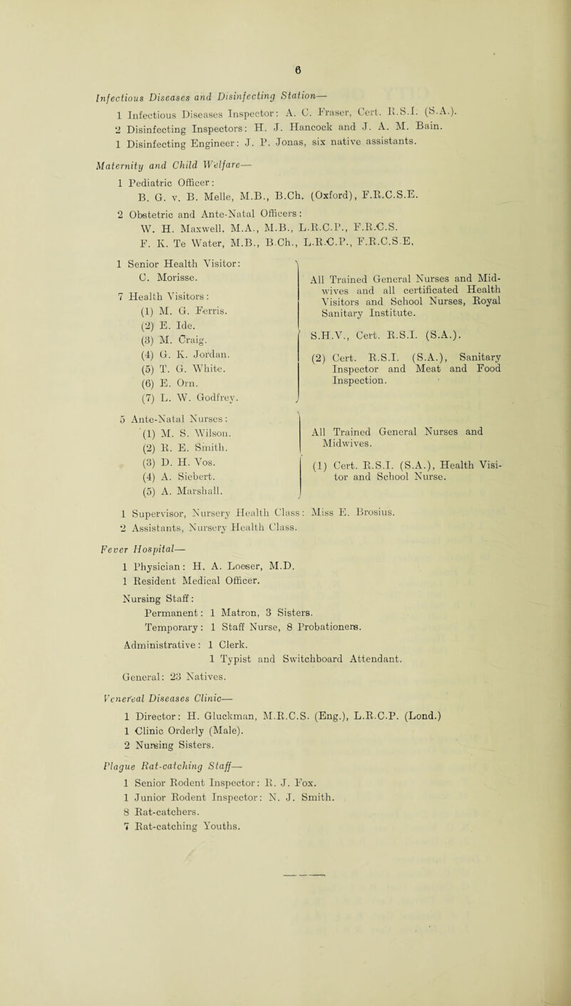 Infectious Diseases and Disinfecting Station 1 Infectious Diseases Inspector: A. C. iraser, Cert. li.S.I. (S.A.). 2 Disinfecting Inspectors: H. J. Hancock and J. A. M. Bain. 1 Disinfecting Engineer: J. P. Jonas, six native assistants. Maternity and Child Welfare— 1 Pediatric Officer: B. G. v. B. Melle, M.B., B.Ch. (Oxford), F.R.C.S.E. 2 Obstetric and Ante-Natal Officers : W. H. Maxwell. M.A., M.B., L.B.C.P., E.R.C.S. F. K. Te Water, M.B., B.Ch., L.R.C.P., F.R.C.S.E, 1 Senior Health Visitor: C. Morisse. 7 Health Visitors: (1) M. G. Ferris. (2) ' E. Ide. (3) M. Craig. (4) G. K. Jordan. (5) T. G. White. (6) E. Orn. (7) L. W. Godfrey. 5 Ante-Natal Nurses: (1) M. S. Wilson. (2) R. E. Smith. (3) D. H. Vos. (4) A. Siebert. (5) A. Marshall. 1 Supervisor, Nursery Health Class 2 Assistants, Nursery Health Class. All Trained General Nurses and Mid¬ wives and all certificated Health Visitors and School Nurses, Royal Sanitary Institute. S.H.V., Cert. R.S.I. (S.A.). (2) Cert. R.S.I. (S.A.), Sanitary Inspector and Meat and Food Inspection. All Trained General Nurses and Midwives. (1) Cert. R.S.I. (S.A.), Health Visi¬ tor and School Nurse. Miss E. Brosius. Fever Hospital— 1 Physician : H. A. Loeser, M.D. 1 Resident Medical Officer. Nursing Staff: Permanent: 1 Matron, 3 Sisters. Temporary : 1 Staff Nurse, 8 Probationers. Administrative : 1 Clerk. 1 Typist and Switchboard Attendant. General: 23 Natives. Venereal Diseases Clinic— 1 Director: H. Gluckman, M.R.C.S. (Eng.), L.R.C.P. (Lond.) 1 Clinic Orderly (Male). 2 Nursing Sisters. Plague Rat-catching Staff—- 1 Senior Rodent Inspector: R. J. Fox. 1 Junior Rodent Inspector: N. J. Smith. 8 Rat-catchers. 7 Rat-catching Youths.