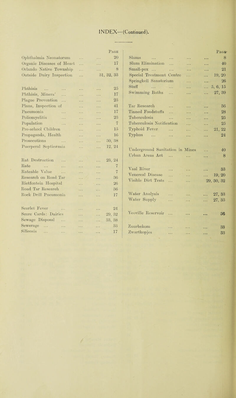 IN DEX—(Continued) Ophthalmia Neonatorum Organic Diseases of Heart Orlando Native Township Outside Dairy Inspection Phthisis Phthisis, Miners’ Plague Prevention ... Plans, Inspection of Pneumonia Poliomyelitis Population Pre-school Children Propaganda, Health Prosecutions Puerperal Septictemia Pat Destruction Pate Rateable Value Research on Road Tar Rietfontein Hospital Road Tar Research Rock Drill Pneumonia Scarlet Pever Score Cards: Dairies Sewage Disposal Sewerage Silicosis Page 20 17 8 31, 82, 33 25 17 23 41 17 23 7 15 16 30, 38 12, 24 23, 24 7 7 36 26 36 17 Slums Slum Elimination Small-pox ... Special Treatment Centre Springkell Sanatorium Staff Swimming Baths Tar Research Tinned Foodstuffs Tuberculosis Tuberculosis Notification Typhoid Fever Typhus Underground Sanitation in Mines Urban Areas Act Vaal River Venereal Disease Visible Dirt Tests Water Analysis Water Supply 24 29, 32 o o O DO, DO 33 17 Yeoville Reservoir Zuurbekom Zwartkop j es Rags' 8 40 21 19, 20 26 5, 6, 15 27, 39 36 28 25 25 21, 22 24 40 8 33 . 19, 20 29, 30, 32 27, 33 27, 33 86 33