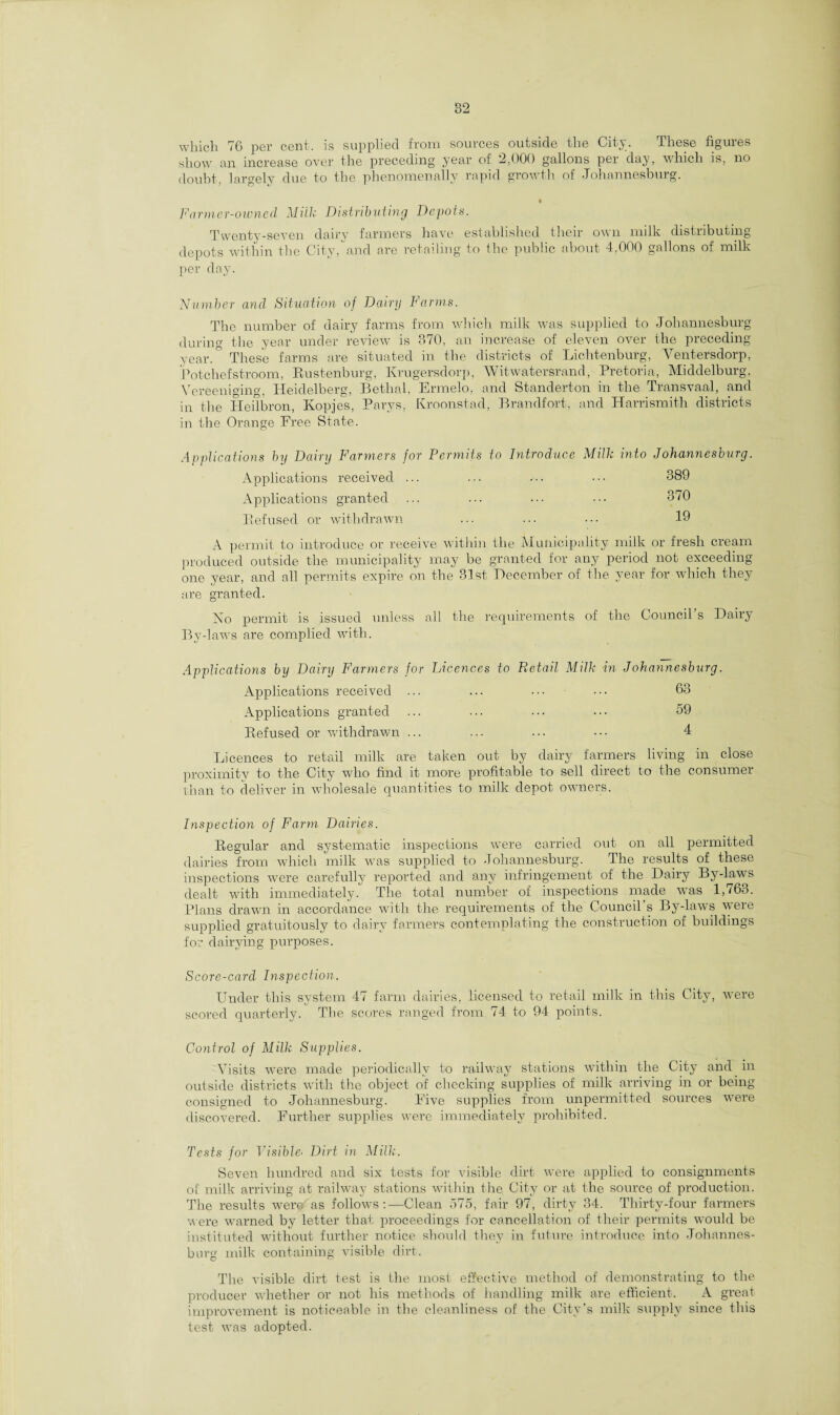 which 76 per cent, is supplied from sources outside the City. These figures show an increase over the preceding year of 2,000 gallons per day, which is, no doubt, largely due to the phenomenally rapid growth of Johannesburg. I Farmer-owned Milk Distributing Depots. Twenty-seven dairy farmers have established their own milk distributing- depots within the City,and are retailing to the public about 4.000 gallons of milk per day. Number and Situation of Dairy Farms. The number of dairy farms from which milk was supplied to Johannesburg during the year under review is 370, an increase of eleven over the preceding- year.0 These farms are situated in the districts of Lichtenburg, Yentersdorp, Potchefstroom, Rustenburg, Krugersdorp, Witwatersrand, Pretoria, Middelburg. Vereeniging, Heidelberg, Bethal, Ermelo, and Standerton in the Transvaal, and in the Heilbron, Kopjes, Pavys, Kroonstad, Brandfort, and Harrismith districts in the Orange Free State. Applications by Dairy Farmers for Permits to Introduce Milk into Johannesburg. Applications received ... ... ••• ••• 389 Applications granted ... ... ••• 370 Refused or withdrawn ... ... ••• 19 A permit to introduce or receive within the Municipality milk or fresh cream produced outside the municipality may be granted for any period not exceeding- one year, and all permits expire on the 31st Becember of the year for which they are granted. No permit is issued unless all the requirements of the Council’s Dairy By-laws are complied with. Applications by Dairy Farmers for Licences to Retail Milk in Johannesburg. Applications received ... ... ••• ••• 63 Applications granted ... ... ... • •• 59 Refused or withdrawn ... ... ... ... 4 Licences to retail milk are taken out by dairy farmers living in close proximity to the City who find it more profitable to sell direct to the consumer than to deliver in wholesale quantities to milk depot owners. Inspection of Farm Dairies. Regular and systematic inspections were carried out on all permitted dairies from which milk was supplied to Johannesburg. The results of these inspections were carefully reported and any infringement of the Dairy By-laws dealt with immediately. The total number of inspections made was 1,763. Plans drawn in accordance with the requirements of the Council’s By-laws were supplied gratuitously to dairy farmers contemplating the construction of buildings for dairying purposes. Score-card Inspection. Under this system 47 farm dairies, licensed to retail milk in this City, were scored quarterly. The scores ranged from 74 to 94 points. Control of Milk Supplies. Visits were made periodically to railway stations within the City and in outside districts with the object of checking supplies of milk arriving in or being- consigned to Johannesburg. Five supplies from unpermitted sources were discovered. Further supplies were immediately prohibited. Tests for Visible• Dirt in Milk. Seven hundred and six tests for visible dirt were applied to consignments of milk arriving at railway stations within the City or at the source of production. The results were as follows:—Clean 575, fair 97, dirty 34. Thirty-four farmers were warned by letter that proceedings for cancellation of their permits would be instituted without further notice should they in future introduce into Johannes¬ burg milk containing visible dirt. The visible dirt test is the most effective method of demonstrating to the producer whether or not his methods of handling milk are efficient. A great improvement is noticeable in the cleanliness of the City’s milk supply since this test was adopted.