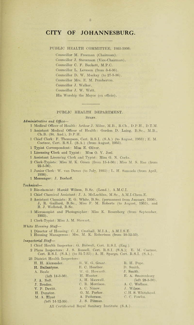 CITY OF JOHANNESBURG. PUBLIC HEALTH COMMITTEE, 1985-1936: Councillor M. Freeman (Chairman). Councillor J. Stevenson (Vice-Chairman). Councillor C. F. Beckett, M.P.C. Councillor L. Leveson (from 3-4-36). Councillor D. W. Mackay (to 27-3-36). Councillor Mrs. E. M. Pemberton. Councillor J. Walker. Councillor J. W. Watt. His Worship the Mayor (ex officio). PUBLIC HEALTH DEPARTMENT. Staff. Administrative and Office— 1 Medical Officer of Health: Arthur J. Milne, M.B., B.Ch., D.P.H., D.T.M. 1 Assistant Medical Officer of Health: Gordon D. Laing, B.Sc., M.B., Ch.B. (St. And.),, D.P.H. 1 Chief Clerk: F. Thompson, Cert. R.S.I. (S.A.) (to August, 1935) ; E. M. Coetzee, Cert. R.S.I. (S.A.) (from August, 1935). 1 Typist Correspondent: Miss E. Oliver. 1 Licensing Clerk and Typist: Miss 0. V. Joel. 1 Assistant Licensing Clerk and Typist: Miss G. N. Cocks. 2 Clerk-Typists: Miss M. K. Green (from 15-4-36) ; Miss M. S. Rae (from 22-5-36). 1 Junior Clerk: W. van Derau (to Julv, 1935) ; L. H. Samuels (from April, 1936). 1 Messenger: J. Boshoff. Technical— 1 Bio-chemist: Harold Wilson, B.Sc. (Bond.), A.M.C.I. 1 Chief Chemical Assistant : J. A. McLachlan, M.Sc., A.M.I.Chem.E. 3 Assistant Chemists: Ei. G. White, B.Sc. (permanent from January, 1936), J. R. Gaillard, B.Sc., Miss F. M. Roberts (to August, 1935), and R. J. Wellsted, B.Sc. 1 Microscopist and Photographer: Miss K. Rosenberg (from September, 1935). 1 Clerk-Tvpist: Miss A. M. Stewart. White Housing Staff— 1 Director of Housing: G. J. Crothall, M.I.A., A.M.I.S.E. 1 Housing Manageress: Mrs. M. Iv. Robertson (from 10-12-35). Inspectorial Staff— 1 Chief Health Inspector: G. Bidwell, Cert. R.S.I. (Eng.) 2 Plans Inspectors: J. S. Russell, Cert. R.S.I. (S.A.); Cert. R.S.I. (S.A.) (to 31-7-35) ; A. H. Spargo, Cert. 23 District Health Inspectors: H. H. Alexander. H. Ballantyne. A. Beale (left 14-3-36). -T. A. Bell. J. Braden. V. P. Devitt. H. Dunston. M. A. Elyat (left 14-12-35). R. W. G. Grant. E. C. Heather. W. G. Howarth. H. Hunter. A. H. Maxwell. C. R. Morrison. A. C. Ninow. G. M. Parker. A. Patterson. J. S. Pitman. E. M. Coetzee, R.S.I. (S.A.). R, H. Pope. D. Smith. J. Smith. E. A. Smorenburg (left 28-3-36). A. C. Wallace. J. Wilson. C.H. S. Whitehead. C. C. Fowles. All Certificated Royal Sanitary Institute (S.A.).