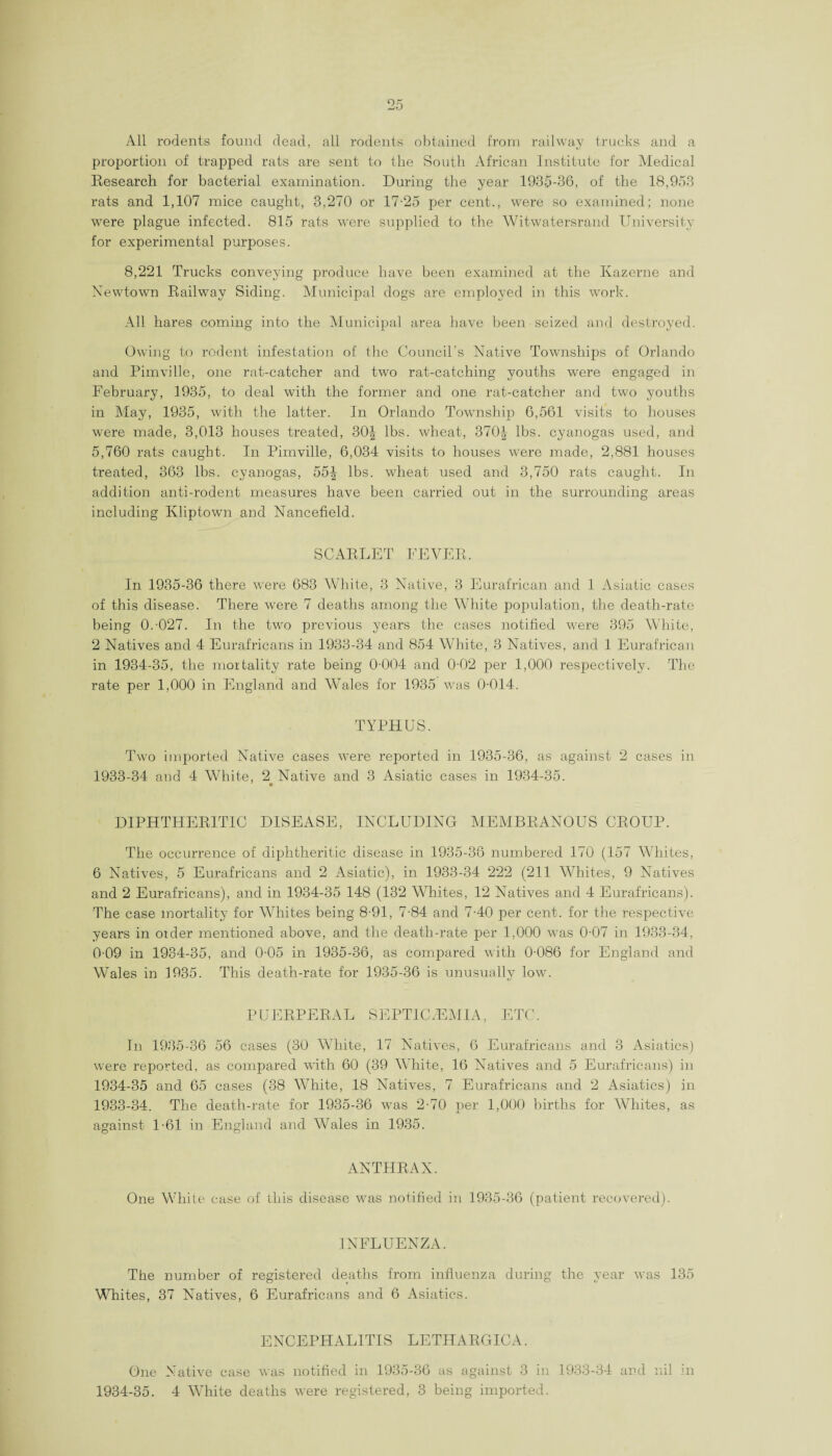 All rodents found dead, all rodents obtained from railway trucks and a proportion of trapped rats are sent to the South African Institute for Medical Research for bacterial examination. During the year 1935-36, of the 18,953 rats and 1,107 mice caught, 3,270 or 17-25 per cent., were so examined; none were plague infected. 815 rats were supplied to the Witwatersrand University for experimental purposes. 8,221 Trucks conveying produce have been examined at the Kazerne and Newtown Railway Siding. Municipal dogs are employed in this work. All hares coming into the Municipal area have been seized and destroyed. Owing to rodent infestation of the Council’s Native Townships of Orlando and Pimville, one rat-catcher and two rat-catching youths were engaged in February, 1935, to deal with the former and one rat-catcher and two youths in May, 1935, with the latter. In Orlando Township 6,561 visits to houses were made, 3,013 houses treated, 30J lbs. wheat, 370J lbs. cyanogas used, and 5,760 rats caught. In Pimville, 6,034 visits to houses were made, 2,881 houses treated, 363 lbs. cyanogas, 55J lbs. wheat used and 3,750 rats caught. In addition anti-rodent measures have been carried out in the surrounding areas including Kliptown and Nancefield. SCARLET FEVER. In 1935-36 there were 683 White, 3 Native, 3 Eurafrican and 1 Asiatic cases of this disease. There were 7 deaths among the White population, the death-rate being 0.-027. In the two previous years the cases notified were 395 White, 2 Natives and 4 Eurafricans in 1933-34 and 854 White, 3 Natives, and 1 Eurafrican in 1934-35, the mortality rate being 0-004 and 0-02 per 1,000 respectively. The rate per 1,000 in England and Wales for 1935 was 0-014. TYPHUS. Two imported Native cases were reported in 1935-36, as against 2 cases in 1933-34 and 4 White, 2 Native and 3 Asiatic cases in 1934-35. DIPHTHERITIC DISEASE, INCLUDING MEMBRANOUS CROUP. The occurrence of diphtheritic disease in 1935-36 numbered 170 (157 Whites, 6 Natives, 5 Eurafricans and 2 Asiatic), in 1933-34 222 (211 Whites, 9 Natives and 2 Eurafricans), and in 1934-35 148 (132 Whites, 12 Natives and 4 Eurafricans). The case mortality for Whites being 8-91, 7-84 and 7-40 per cent, for the respective years in otder mentioned above, and the death-rate per 1,000 was 0-07 in 1933-34, 0-09 in 1934-35, and 0-05 in 1935-36, as compared with 0-086 for England and Wales in 1935. This death-rate for 1935-36 is unusually low. PUERPERAL SEPTICAEMIA, ETC. In 1935-36 56 cases (30 White, 17 Natives, 6 Eurafricans and 3 Asiatics) were reported, as compared with 60 (39 White, 16 Natives and 5 Eurafricans) in 1934-35 and 65 cases (38 White, 18 Natives, 7 Eurafricans and 2 Asiatics) in 1933-34. The death-rate for 1935-36 was 2-70 per 1,000 births for Whites, as against 1-61 in England and Wales in 1935. ANTHRAX. One White case of this disease was notified in 1935-36 (patient recovered). INFLUENZA. The number of registered deaths from influenza during the year was 135 Whites, 37 Natives, 6 Eurafricans and 6 Asiatics. ENCEPHALITIS LETHARGICA. One Native case was notified in 1935-36 as against 3 in 1933-34 and nil in 1934-35. 4 White deaths were registered, 3 being imported.