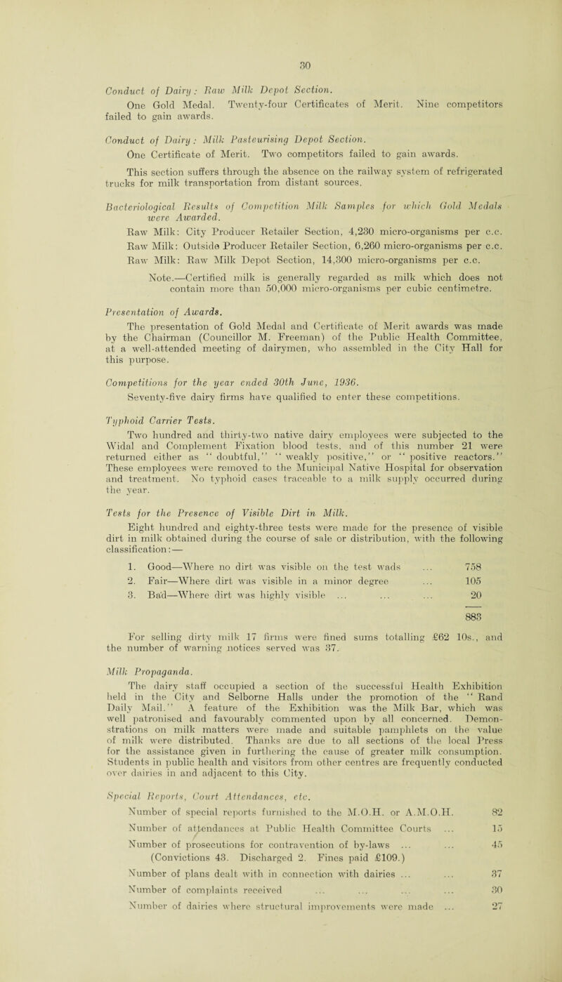 Conduct of Dairy: Raw Milk Depot Section. One Gold Medal. Twenty-four Certificates of Merit, failed to gain awards. Nine competitors Conduct of Dairy : Milk Pasteurising Depot Section. One Certificate of Merit. Two competitors failed to gain awards. This section suffers through the absence on the railway system of refrigerated trucks for milk transportation from distant sources. Bacteriological Results of Competition Milk Samples for which Gold Medals were Awarded. Raw Milk: City Producer Retailer Section, 4,230 micro-organisms per c.c. Raw Milk: Outside Producer Retailer Section, 6,260 micro-organisms per c.c. Raw Milk: Raw Milk Depot Section, 14,300 micro-organisms per c.c. Note.—Certified milk is generally regarded as milk which does not contain more than 50,000 micro-organisms per cubic centimetre. Presentation of Awards. The presentation of Gold Medal and Certificate of Merit awards was made by the Chairman (Councillor M. Freeman) of the Public Health Committee, at a well-attended meeting of dairymen, who assembled in the City Hall for this purpose. Competitions for the year ended 30th June, 1936. Seventy-five dairy firms have qualified to enter these competitions. Typhoid Carrier Tests. Two hundred and thirty-two native dairy employees were subjected to the Widal and Complement Fixation blood tests, and of this number 21 were returned either as “ doubtful,” “ weakly positive,” or “ positive reactors.” These employees were removed to the Municipal Native Hospital for observation and treatment. No typhoid cases traceable to a milk supply occurred during the year. Tests for the Presence of Visible Dirt in Milk. Eight hundred and eighty-three tests were made for the presence of visible dirt in milk obtained during the course of sale or distribution, with the following classification: — 1. Good—Where no dirt was visible on the test wads 2. Fair—Where dirt was visible in a minor degree 3. Ba'd—Where dirt was highly visible 758 105 20 883 For selling dirty milk 1< firms were fined sums totalling £62 10s., and the number of warning notices served was 37. Milk Propaganda. The dairy staff occupied a section of the successful Health Exhibition held in the City and Selborne Halls under the promotion of the “ Rand Daily Mail.” A feature of the Exhibition was the Milk Bar, which was well patronised and favourably commented upon by all concerned. Demon¬ strations on milk matters were made and suitable pamphlets on the value of milk were distributed. Thanks are due to all sections of the local Press for the assistance given in furthering the cause of greater milk consumption. Students in public health and visitors from other centres are frequently conducted over dairies in and adjacent to this City. Special Reports, Court Attendances, etc. Number of special reports furnished to the M.O.H. or A.M.O.H. Number of attendances at Public Health Committee Courts Number of prosecutions for contravention of by-laws (Convictions 43. Discharged 2. Fines paid £109.) Number of plans dealt with in connection with dairies ... Number of complaints received Number of dairies where structural improvements were made 82 15 45 30 27
