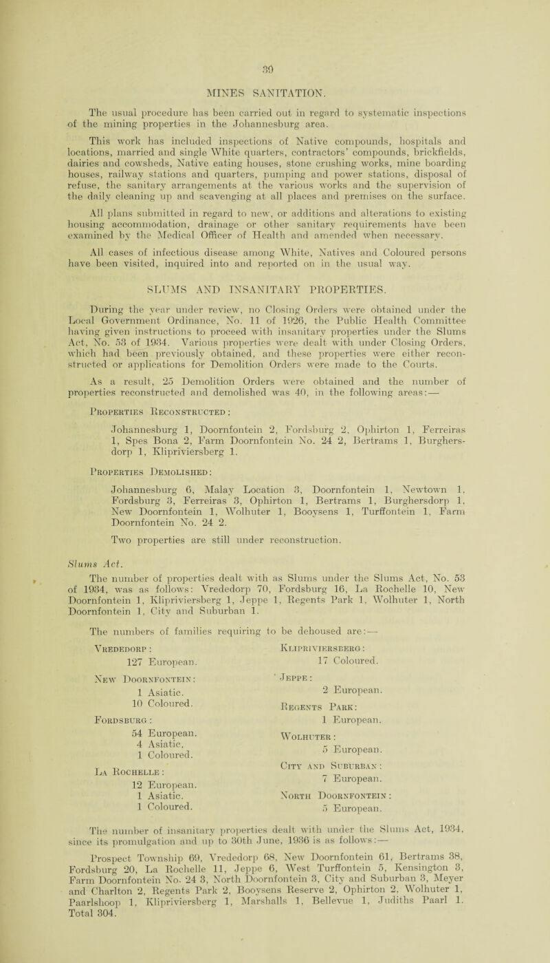 MINES SANITATION. The usual procedure has been carried out in regard to systematic inspections of the mining properties in the Johannesburg area. This work has included inspections of Native compounds, hospitals and locations, married and single White quarters, contractors’ compounds, brickfields, dairies and cowsheds, Native eating houses, stone crushing works, mine boarding houses, railway stations and quarters, pumping and power stations, disposal of refuse, the sanitary arrangements at the various works and the supervision of the daily cleaning up and scavenging at all places and premises on the surface. All plans submitted in regard to new, or additions and alterations to existing housing accommodation, drainage or other sanitary requirements have been examined by the Medical Officer of Health and amended when necessary. All cases of infectious disease among White, Natives and Coloured persons have been visited, inquired into and reported on in the usual way. SLUMS AND INSANITARY PROPERTIES. During the year under review, no Closing Orders were obtained under the Local Government Ordinance, No. 11 of 1926, the Public Health Committee having given instructions to proceed with insanitary properties under the Slums Act, No. 53 of 1934. Various properties were dealt with under Closing Orders, which had been previously obtained, and these properties were either recon¬ structed or applications for Demolition Orders were made to the Courts. As a result, 25 Demolition Orders were obtained and the number of properties reconstructed and demolished was 40, in the following areas: — Properties Reconstructed : Johannesburg 1, Doornfontein 2, Eordsburg 2, Ophirton 1, Ferreiras 1, Spes Bona 2, Farm Doornfontein No. 24 2, Bertrams 1, Burghers- dorp 1, Ivlipriviersberg 1. Properties Demolished: Johannesburg 6, Malay Location 3, Doornfontein 1, Newtown 1, Fordsburg 3, Ferreiras 3, Ophirton 1, Bertrams 1, Burghersdorp 1, New Doornfontein 1, Wolhuter 1, Booysens 1, Turffontein 1, Farm Doornfontein No. 24 2. Two properties are still under reconstruction. Slums Act. The number of properties dealt with as Slums under the Slums Act, No. 53 of 1934, was as follows: ATrededorp 70, Fordsburg 16, La Rochelle 10, New Doornfontein 1, Ivlipriviersberg 1, Jeppe 1, Regents Park 1, Wolhuter 1, North Doornfontein 1, City and Suburban 1. The numbers of families Vrededorp : 127 European. New Doornfontein : 1 Asiatic. 10 Coloured. Fordsburg: 54 European. 4 Asiatic. 1 Coloured. La Rochelle : 12 European. 1 Asiatic. 1 Coloured. to be dehoused are: — Ivlipriviersberg : 17 Coloured. ' Jeppe: 2 European. Regents Park: 1 European. Wolhuter : 5 European. City and Suburban : 7 European. North Doornfontein : 5 European. requiring The number of insanitary properties dealt with under the Slums Act, 1934, since its promulgation and up to 30th June, 1936 is as follows:— Prospect Township 69, Vrededorp 68, New Doornfontein 61, Bertrams 38, Fordsburg 20, La Rochelle 11, Jeppe 6, West Turffontein 5, Kensington 3, Farm Doornfontein No- 24 3, North Doornfontein 3, City and Suburban 3, Meyer and Charlton 2, Regents Park 2, Booysens Reserve 2, Ophirton 2, Wolhuter 1, Paarlslioop 1, Ivlipriviersberg 1, Marshalls 1, Bellevue 1, Judiths Paarl 1. Total 304.