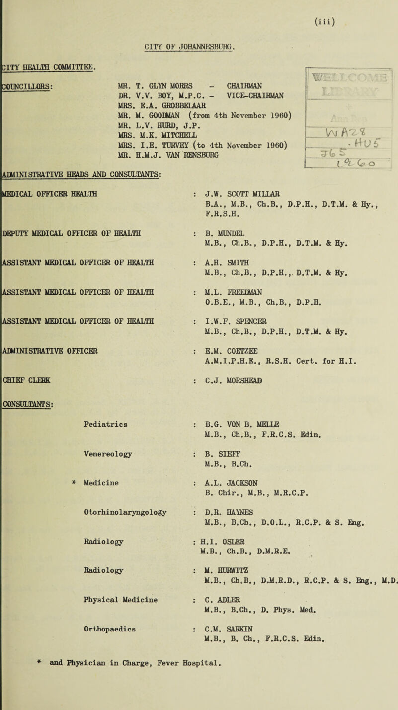 CITY OF JOHANNESBURG. CITY HEALTH COMMITTEE, ADMINISTRATIVE HEADS AND CONSULTANTS: MEDICAL OFFICER HEALTH ASSISTANT MEDICAL OFFICER OF HEALTH ASSISTANT MEDICAL OFFICER OF HEALTH ASSISTANT MEDICAL OFFICER OF HEALTH ADMINISTRATIVE OFFICER lOUNCILLQRS: MR. T. GLYN MORRS - CHAIRMAN DR. V.V. BOY, M.P.C. - VICE-CHAIRMAN MRS. E.A. GROBBELAAR MR. M. GOODMAN (from 4th November I960) MR. L.V. HURD, J.P. MRS. M.K. MITCHELL MRS. I.E. TUHVEY (to 4th November I960) MR. H.M.J. VAN RENSBURG DEPUTY MEDICAL OFFICER OF HEALTH CHIEF CLERK CONSULTANTS: Pediatrics Venereology * Medicine Otorhinolaryngology Radiology Radiology Physical Medicine Orthopaedics vv. W • M V : \^°i C? o J.W. SCOTT MILLAR B.A., M.B., Ch.B., D.P.H., D.T.M. & Hy., F.R.S.H. B. MUNDEL M.B., Ch.B,, D.P.H., D.T.M. & Hy, A.H. SMITH M.B., Ch.B., D.P.H., D.T.M. & Hy. M.L. FREEDMAN O.B.E., M.B., Ch.B., D.P.H. I.W.F. SPENCER M.B., Ch.B., D.P.H., D.T.M. & Hy. E.M. COETZEE A.M.I.P.H.E., R.S.H. Cert, for H.I, C.J. MORSHEAD : B.G. VON B. MEI.T.F, M.B., Ch.B., F.R.C.S. Edin. : B. SIEFF M.B., B.Ch. : A.L. JACKSON B. Chir., M.B., M.R.C.P. : D.R. HAYNES M.B., B.Ch., D.O.L., R.C.P. & S. Eng. : H.I. OSLER M.B., Ch.B., D.M.R.E. M. HUHWITZ M.B., Ch.B., D.M.R.D., R.C.P. & S. Eng., M.D. : C. ADLER M.B., B.Ch., D. Phys. Med. : C.M. SARKIN M.B., B. Ch., F.R.C.S. Edin. * and Physician in Charge, Fever Hospital