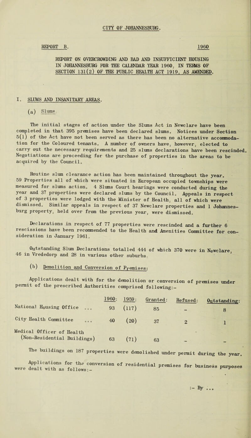 CITY OF JOHANNESBURG, REPORT B0 1960 REPORT ON OVERCROWDING AND BAD AND INSUFFICIENT HOUSING IN JOHANNESBURG FOR THE CALENDAR YEAR I960, IN TERMS OF SECTION 131(2) OF THE PUBLIC HEALTH ACT 1919, AS AMENDED. I. SLUMS AND INSANITARY AREAS. Slums The initial stages of action under the Slums Act in Newclare have been completed in that 395 premises have been declared slums0 Notices under Section 5(l) of the Act have not been served as there has been no alternative accommoda¬ tion for the Coloured tenantse A number of owners have, however, elected to carry out the necessary requirements and 25 slums declarations have been rescinded. Negotiations are proceeding for the purchase of properties in the areas to be acquired by the Council0 Routine slum clearance action has been maintained throughout the year, 59 Properties all of which were situated in European occupied townships were measured for slums action0 4 Slums Court hearings were conducted during the year and 37 properties were declared slums by the Council0 Appeals in respect of 3 properties were lodged with the Minister of Health, all of which were dismissed*, Similar appeals in respect of 37 Newclare properties and 1 Johannes¬ burg property, held over from the previous year, were dismissed. Declarations in respect of 77 properties were rescinded and a further 6 rescissions have been recommended to the Health and Amenities Committee for con¬ sideration in January 1961, Outstanding Slum Declarations totalled 444 of which 370 were in Newclare, 46 in Vrededorp and 28 in various other suburbsc (b) Demolition and Conversion of Premises: Applications dealt with for the demolition or conversion of premises under permit of the prescribed Authorities comprised following;- 1960“ 1959; Granted1 Refused; Outstanding; National Housing Office 000 93 (117) 85 — 8 City Health Committee 0 c 0 40 (20) 37 2 1 Medical Officer of Health (Non-Residential Buildings) 63 (71) 63 • The buildings on 187 properties Applications for the conversion were dealt with as follows were demolished under permit during the year„ of residential premises for business purposes