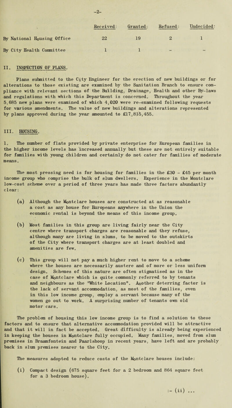 -2- - Received; Granted; Refused; Undecided: National Housing Office 22 19 2 1 By City Health Committee 1 1 C— =0 II. INSPECTION OF PLANS. Plans submitted to the City Engineer for the erection of new buildings or for alterations to those existing are examined by the Sanitation Branch to ensure com¬ pliance with relevant sections of the Bui1ding, Drainage, Health and other By-laws and regulations with which this Department is concerned,, Throughout the year 5,685 new plans were examined of which 4,020 were re-examined following requests for various amendments0 The value of new buildings and alterations represented by plans approved during the year amounted to £17,815,455. III. HOUSING, 1. The number of flats provided by private enterprise for European families in the higher income levels has increased annually but these are not entirely suitable for families with young children and certainly do not cater for families of moderate meanso The most pressing need is for housing for families in the £30 - £45 per month income group who comprise the bulk of slum dwellers. Experience in the Montclare low=eost scheme over a period of three years has made three factors abundantly clears (a) Although the Montclare houses are constructed at as reasonable a cost as any house for Europeans anywhere in the Union the economic rental is beyond the means of this income group. (b) Most families in this group are living fairly near the City centre where transport charges are reasonable and they refuse, although many are living in slums, to be moved to the outskirts of the City where transport charges are at least doubled and amenities are few. (c) This group will not pay a much higher rent to move to a scheme where the houses are necessarily austere and of more or less uniform design. Schemes of this nature are often stipiatised as in the case of Montclare which is quite commonly referred to by tenants and neighbours as the 9rWhite Location9'. Another deterring factor is the lack of servant accommodation, as most of the families, even in this low income group, employ a servant because many of the women go out to work. A surprising number of tenants own old motor cars. The problem of housing this low income group is to find a solution to these factors and to ensure that alternative accommodation provided will be attractive and that it will in fact be accepted. Great difficulty is already being experienced in keeping the houses in Montclare fully occupied. Many families, moved from slum premises in Braamfontein and Paarlshoop in recent years, have left and are probably back in slum premises nearer to the City. The measures adopted to reduce costs of the Montclare houses include; (i) Compact design (675 square feet for a 2 bedroom and 864 square feet for a 3 bedroom house). 0 0 9