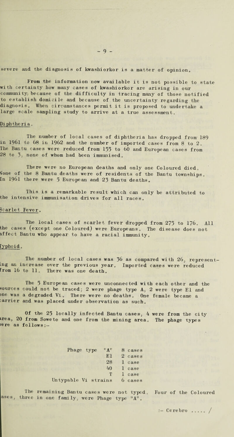 severe and the diagnosis of kwashiorkor is a matter of opinion*, From the information now available it is not possible to state with certainty how many cases of kwashiorkor are arising in our community* because of the difficulty in tracing many of: those notified to establish domicile and because of the uncertainty regarding the diagnosis0 When circumstances permit it is proposed to undertake a large scale sampling study to arrive at a true assessment. © The number of local cases of diphtheria has dropped from 189 in 1961 to 68 in 1962 and the number of imported cases from 8 to 2, The Bantu cases were reduced from 155 to 60 and European cases from 28 to 55 none of whom had been immunised. There were no European deaths and only one Coloured died0 Sfone of the 8 Bantu deaths were of residents of the Bantu townships, rn 1961 there were 5 European and 23 Bantu deaths*, This is a remarkable result which can only be attributed to the intensive immunisation drives for all races0 Scarlet Fever3 The local cases of scarlet fever dropped from 275 to 1?6, All the cases (except one Coloured) were Europeans0 The disease does not affect Bantu who appear to have a racial immunity* [yphoide The number of local cases was 36 as compared with 26s represent Lng an increase over the previous year* Imported cases were reduced from 16 to 110 There was one death*. The 5 European cases were unconnected with each other and the sources could not be traced; 2 were phage type A5 2 were type El and me was a degraded Vi0 There were no deaths. One female became a carrier and was placed under observation as such*, Of the 25 locally infected Bantu cases', 4 were from the city irea, 20 from Soweto and one from the mining area* The phage types re re as follows Phage type ,JA 8 cases El 2 cases 28 1 case 40 1 case T 1 case Untypable Vi strains 6 cases The remaining Bantu cases were not typed. Four of the Coloured asesi three in one family,, were Phage type ’A1', 1— Cerebro