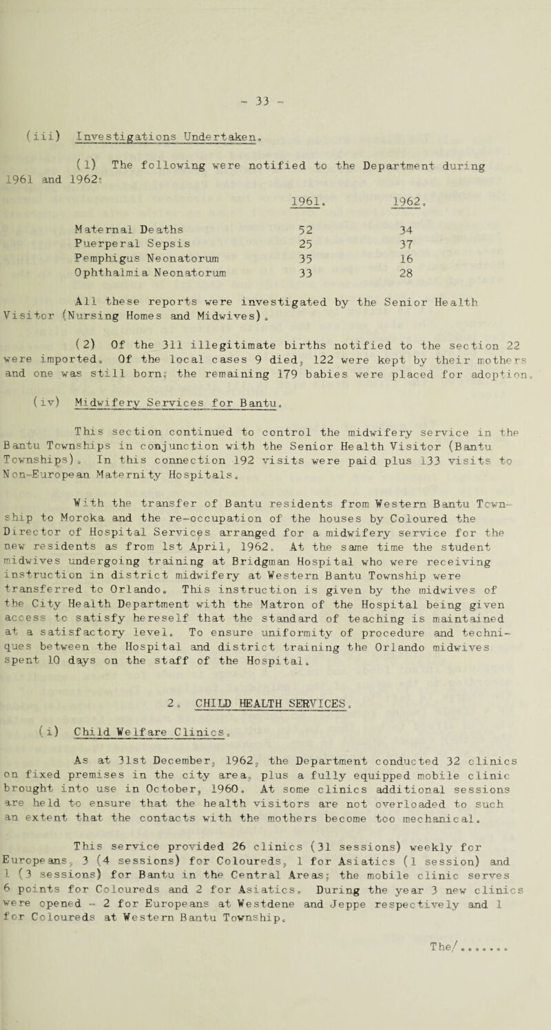 (l) The following were notified to the Department during 1961 and 1962s 1961 1962 * Maternal Deaths Puerperal Sepsis Pemphigus Neonatorum Ophthalmia Neonatorum. 52 25 35 33 34 37 16 28 All these reports were investigated by the Senior Health Visitor (Nursing Homes and Midwives)« ( 2) Of the 311 illegitimate births notified to the section 22 were imported* Of the local cases 9 died,, 122 were kept by their mothers and one was still born« the remaining 179 babies were placed for adoption, (iv) Midwifery Services for Bantu. This section continued to control the midwifery service in the Bantu Townships in conjunction with the Senior Health Visitor (Bantu Townships)0 In this connection 192 visits were paid plus 133 visits to Non-European Maternity Hospitals* With the transfer of Bantu residents from Western Bantu Town¬ ship to Moroka and the re—occupation of the houses by Coloured the Director of Hospital Services arranged for a midwifery service for the new residents as from 1st Aprils 1962* At the same time the student midwives undergoing training at Bridgman Hospital who were receiving instruction in district midwifery at Western Bantu Township were transferred to Orlando* This instruction is given by the midwives of the City Health Department with the Matron of the Hospital being given access to satisfy hereself that the standard of teaching is maintained at a satisfactory level* To ensure uniformity of procedure and techni¬ ques between the Hospital and district training the Orlando midwives spent 10 days on the staff of the Hospital* 2’ CHILD HEALTH SERVICES, ( i ) Child Welfare Clinics» As at 31st December,, 1962s the Department conducted 32 clinics on fixed premises in the city area, plus a fully equipped mobile clinic brought into use in October^ 1960* At some clinics additional sessions are held to ensure that the health visitors are not overloaded to such an. extent that the contacts with the mothers become too mechanical* This service provided 26 clinics (31 sessions) weekly for Europe anSc, 3 (4 sessions) for Coloureds^, 1 for Asiatics (l session) and 1 (3 sessions) for Bantu in the Central Areas; the mobile clinic serves 6 points for Coloureds and 2 for Asiaticse During the year 3 new clinics were opened - 2 for Europeans at Westdene and Jeppe respectively and 1 for Coloureds at Western Bantu Township* The/ A x , e- s (s ail} &