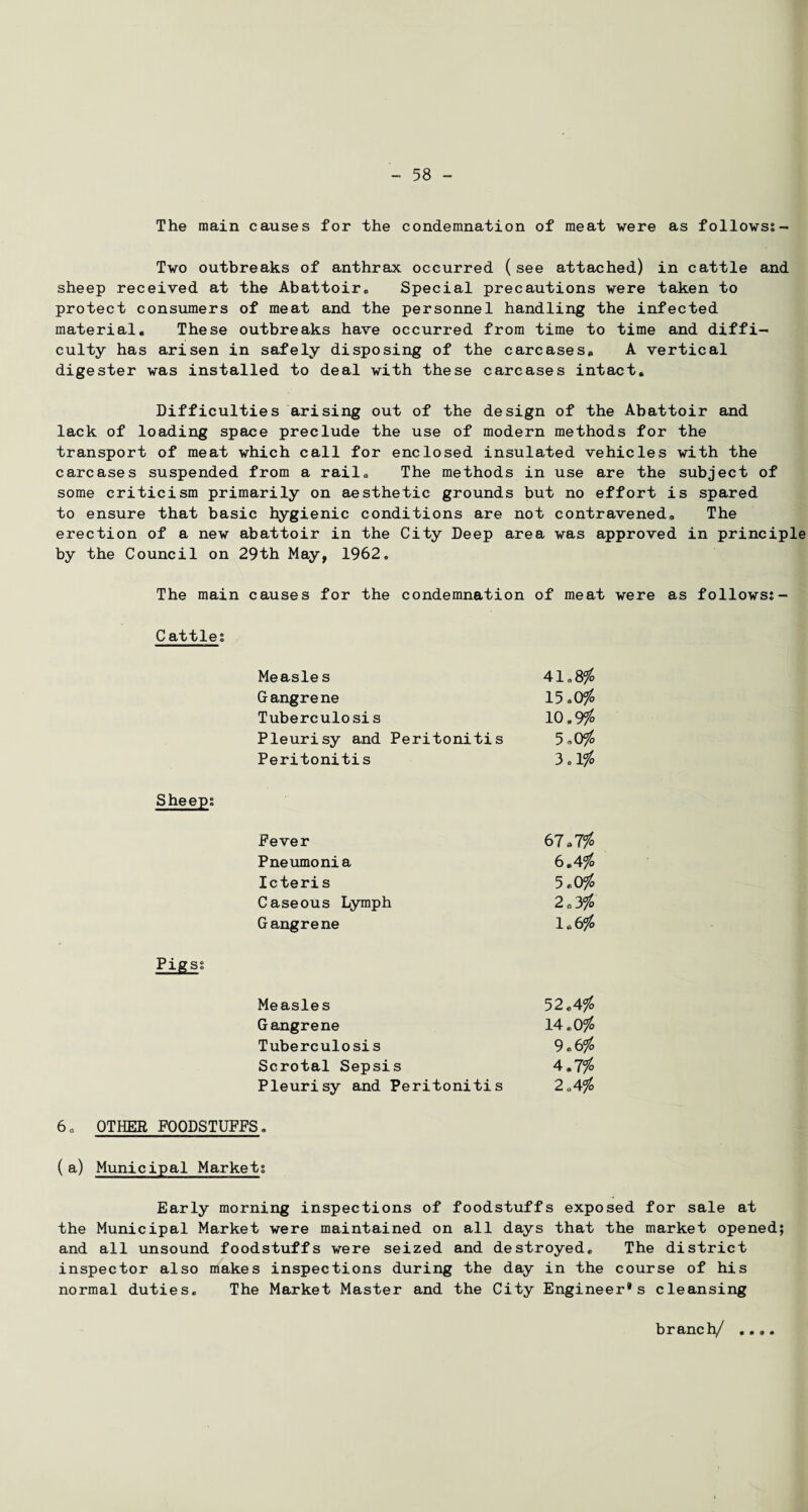 The main causes for the condemnation of meat were as follows:- Two outbreaks of anthrax occurred (see attached) in cattle and sheep received at the Abattoir* Special precautions were taken to protect consumers of meat and the personnel handling the infected material. These outbreaks have occurred from time to time and diffi¬ culty has arisen in safely disposing of the carcases,, A vertical digester was installed to deal with these carcases intact. Difficulties arising out of the design of the Abattoir and lack of loading space preclude the use of modern methods for the transport of meat which call for enclosed insulated vehicles with the carcases suspended from a rail. The methods in use are the subject of some criticism primarily on aesthetic grounds but no effort is spared to ensure that basic hygienic conditions are not contravened. The erection of a new abattoir in the City Deep area was approved in principle by the Council on 29th May, 1962. The main causes for the condemnation of meat were as follows: - Cattle: Measle s Gangrene Tuberculosis Pleurisy and Peritonitis Peritonitis Sheep: Fever 67,7% Pneumonia 6.4% Icteris 5.0% Caseous Lymph 2.3% Gangrene 1.6% Pigs: Measles Gangrene Tuberculosis Scrotal Sepsis Pleurisy and Peritonitis 6, OTHER FOODSTUFFS. ( a) Municipal Market: Early morning inspections of foodstuffs exposed for sale at the Municipal Market were maintained on all days that the market opened; and all unsound foodstuffs were seized and destroyed. The district inspector also makes inspections during the day in the course of his normal duties. The Market Master and the City Engineer®s cleansing 52.4% 14.0% 9.6% 4.7% 2.4% 41.8% 15.0% 10.9% 5,0% 3.1% branch/ • • • •