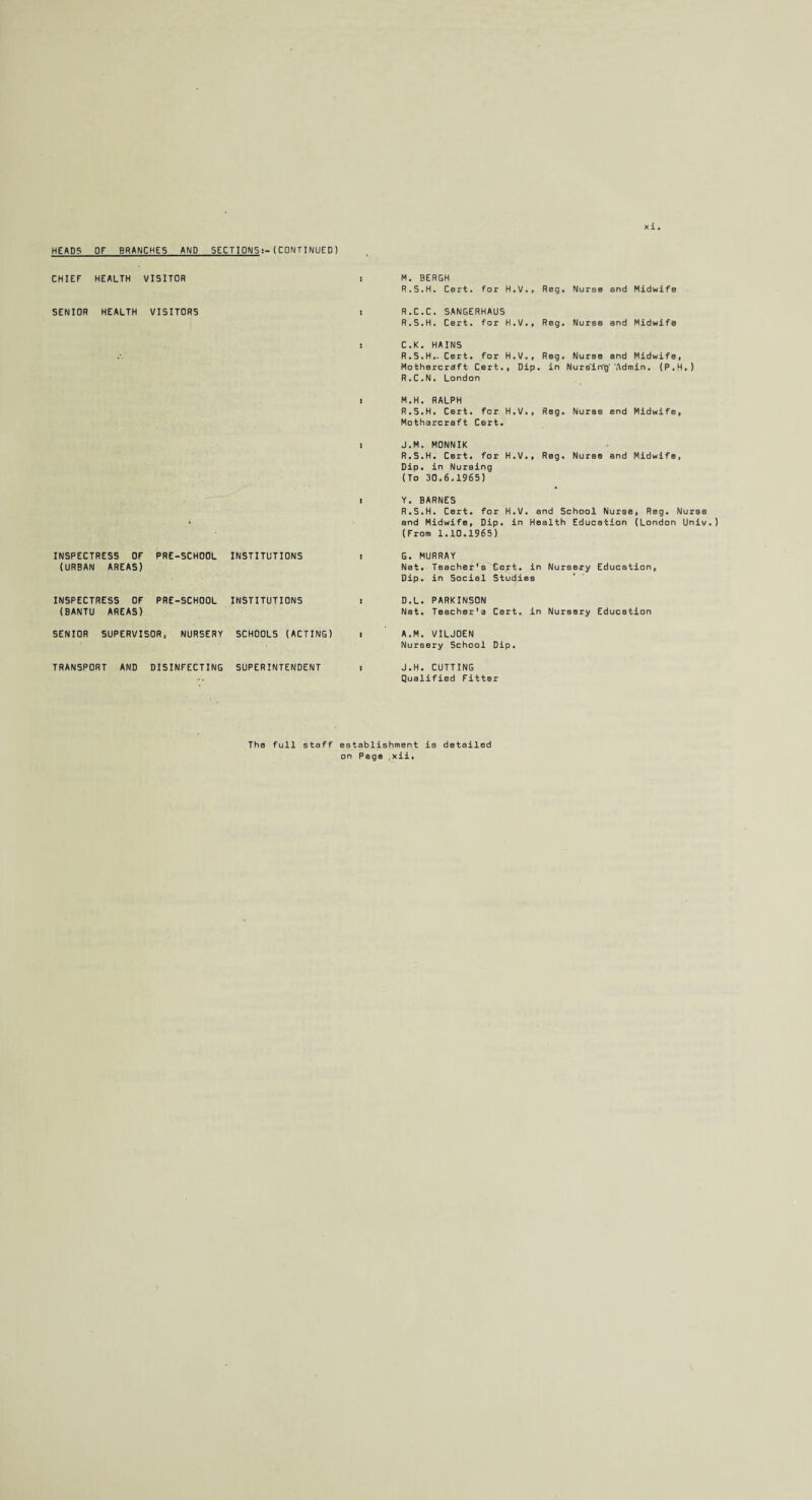 HEADS OF BRANCHES AND SECT ION5(CONTINUED) CHIEF HEALTH VISITOR t M. BERGH R.5.H. Cert, for H.V., Reg. Nurse and Midwife SENIOR HEALTH VISITORS t R.C.C. SANGERHAU5 R.S.H. Cert, for H.V., Reg. Nurse and Midwife J C.K. HAINS R.5.H.. Cert, for H.V., Reg. Nurse and Midwife, Mothercraft Cert., Dip. in Nurs'in'g' Admin. (P.H.) R.C.N. London t M.H. RALPH R.S.H. Cert, for H.V., Reg. Nurse end Midwife, Motharcraft Cort. i J.M, MONNIK R.S.H. Cert, for H.V., Reg. Nurse and Midwife, Dip. in Nursing (To 30.6.1965) t Y. BARNES R.S.H. Cert, for H.V. and School Nurse, Reg. Nurse . * and Midwife, Dip. in Health Education (London Univ. (From 1.10.1965) INSPECTRESS OF PRE-5CH00L INSTITUTIONS i G. MURRAY (URBAN AREAS) Nat. Teacher’s Cort. in Nursery Education, Dip. in Social Studies INSPECTRESS OF PRE-SCHOOL INSTITUTIONS i D.L. PARKINSON (BANTU AREAS) Nat. Teacher's Cart, in Nursery Education SENIOR SUPERVISOR, NURSERY SCHOOLS (ACTING) i A.M. VILJOEN Nursery School Dip. TRANSPORT AND DISINFECTING SUPERINTENDENT i J.H. CUTTING Qualified Fitter The full staff establishment is detailed on Page ,xii.