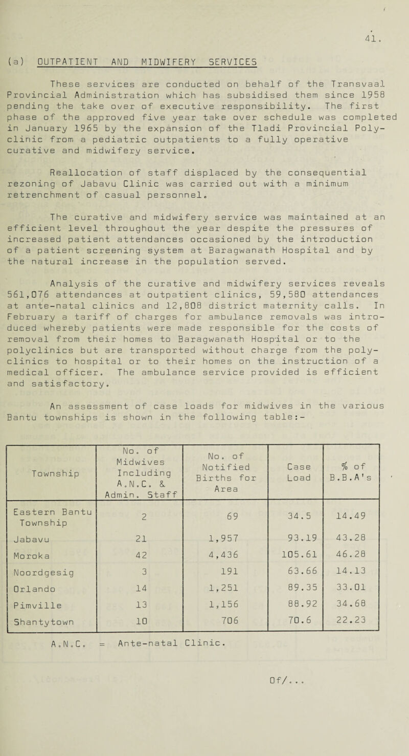 (a) OUTPATIENT AND MIDWIFERY SERVICES These services are conducted on behalf of the Transvaal Provincial Administration which has subsidised them since 1958 pending the take over of executive responsibility. The first phase of the approved five year take over schedule was completed in January 1965 by the expansion of the Tladi Provincial Poly¬ clinic from a pediatric outpatients to a fully operative curative and midwifery service. Reallocation of staff displaced by the consequential rezoning of Jabavu Clinic was carried out with a minimum retrenchment of casual personnel,, The curative and midwifery service was maintained at an efficient level throughout the year despite the pressures of increased patient attendances occasioned by the introduction of a patient screening system at Baragwanath Hospital and by the natural increase in the population served. Analysis of the curative and midwifery services reveals 561,076 attendances at outpatient clinics, 59,580 attendances at ante-natal clinics and 12,808 district maternity calls. In February a tariff of charges for ambulance removals was intro¬ duced whereby patients were made responsible for the costs of removal from their homes to Baragwanath Hospital or to the polyclinics but are transported without charge from the poly¬ clinics to hospital or to their homes on the instruction of a medical officer. The ambulance service provided is efficient and satisfactory. An assessment of case loads for midwives in the various Bantu townships is shown in the fallowing table:- Township No o of Midwives Including A J.C. &, Admin. Staff No, of Notified Births for Area Case Load % of B . B . A ' s Eastern Bantu Township 2 69 34.5 14.49 Jabavu 21 1,957 93.19 43.28 Mo ro k a 42 4,436 105.61 46.28 Noordgesig 3 191 6 3.66 14.13 Orlando 14 1,251 89.35 33.01 Pimville 13 1,156 88.92 34.68 Shantytown 10 706 70.6 22.23 AoNoCo = Ante-natal Clinic. Of/...