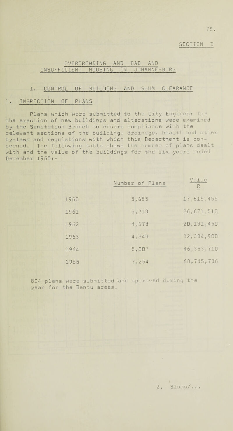 SECTION B OVERCROWDING AND BAD AND INSUFFICIENT HOUSING IN JOHANNESBURG 1. CONTROL OF BUILDING AND SLUM CLEARANCE 1. INSPECTION OF PLANS Plans which were submitted to the City Engineer for the erection of new buildings and alterations were examined by the Sanitation Branch to ensure compliance with the relevant sections of the building., drainage, health and other by-laws and regulations with which this Department is con¬ cerned. The folio wing table shows the number of plans dealt with and the value of the buildings for the six years ended December 19 6 5*.- 1960 Value Number of Plans H 5,685 17,815,455 1961 5,218 26,671,510 1962 4,678 20,131,450 1963 4.848 32,384,900 1964 5,007 46,353,710 1965 7,254 68,745,786 804 plans were submitted and approved during the year for the Bantu areas. 2. Slums/...