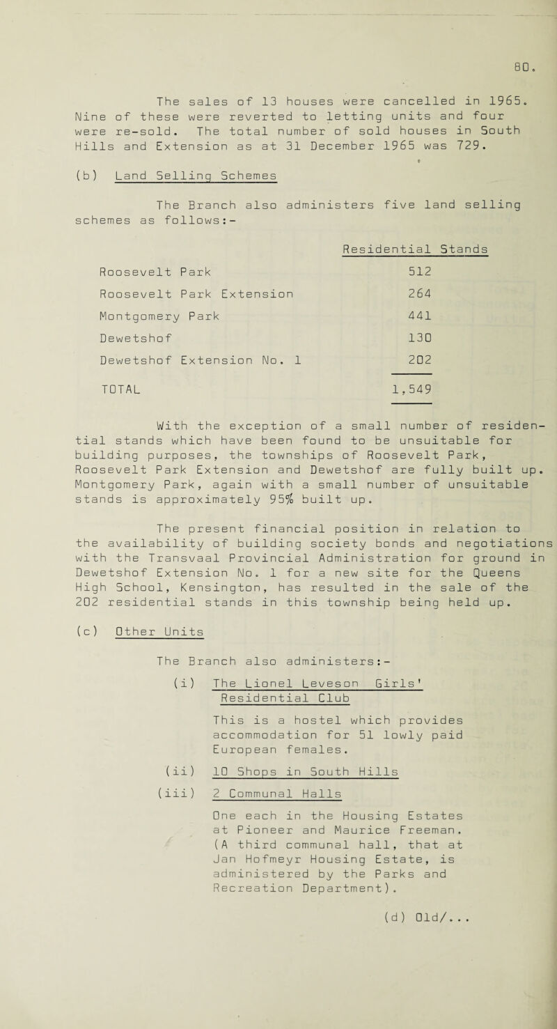 The sales of 13 houses were cancelled in 1965. Nine of these were reverted to letting units and four were re-sold. The total number of sold houses in South Hills and Extension as at 31 December 1965 was 729. «• (b) Land Selling Schemes The Branch also administers five land selling schemes as follows:- Residential Stands Roosevelt Park 512 Roosevelt Park Extension 264 Montgomery Park 441 Dewetshof 130 Dewetshof Extension No. 1 202 TOTAL 1,549 With the exception of a small number of residen¬ tial stands which have been found to be unsuitable for building purposes, the townships of Roosevelt Park, Roosevelt Park Extension and Dewetshof are fully built up. Montgomery Park, again with a small number of unsuitable stands is approximately 95^o built up. The present financial position in relation to the availability of building society bonds and negotiations with the Transvaal Provincial Administration for ground in Dewetshof Extension No. 1 for a new site for the Queens High School, Kensington, has resulted in the sale of the 202 residential stands in this township being held up. (c) Other Units The Branch also administers:- (i) The Lionel Leveson Girls' Residential Club This is a hostel which provides accommodation for 51 lowly paid European females. (ii) 10 Shops in South Hills (iii) 2 Communal Halls One each in the Housing Estates at Pioneer and Maurice Freeman. (A third communal hall, that at Jan Hofmeyr Housing Estate, is administered by the Parks and Recreation Department). (d) Old/...