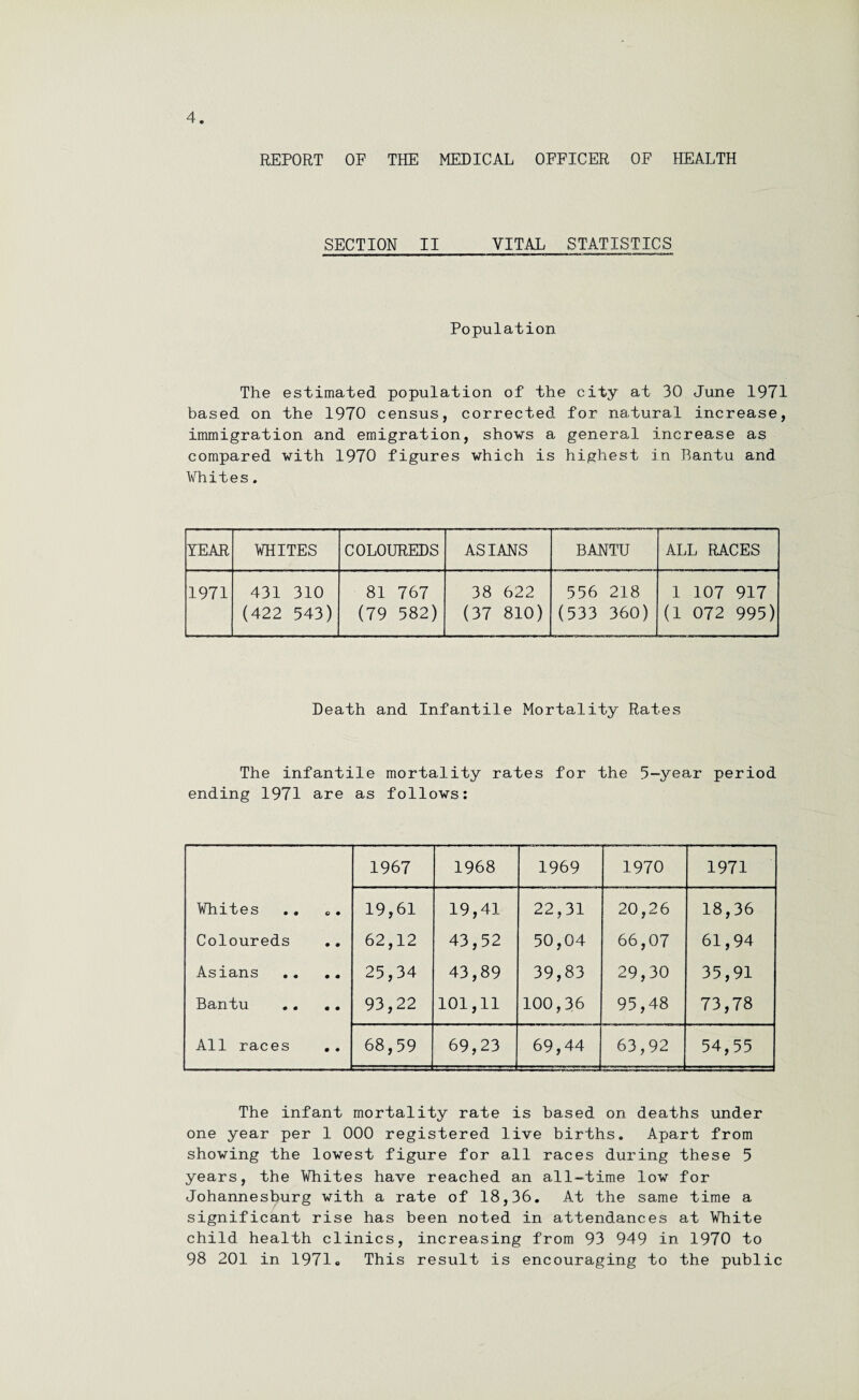 REPORT OF THE MEDICAL OFFICER OF HEALTH SECTION II VITAL STATISTICS Population The estimated population of the city at 30 June 1971 based on the 1970 census, corrected for natural increase, immigration and emigration, shows a general increase as compared with 1970 figures which is highest in Bantu and Whites. YEAR WHITES COLOUREDS ASIANS BANTU ALL RACES 1971 431 310 (422 543) 81 767 (79 582) 38 622 (37 810) 556 218 (533 360) 1 107 917 (1 072 995) Death and Infantile Mortality Rates The infantile mortality rates for the 5-year period ending 1971 are as follows: 1967 1968 1969 1970 1971 Whites o • 19,61 19,41 22,31 20,26 18,36 Coloureds • • 62,12 43,52 50,04 66,07 61,94 Asians • m 25,34 43,89 39,83 29,30 35,91 Bantu • • 93,22 101,11 100,36 95,48 73,78 All races • • 68,59 69,23 69,44 63,92 54,55 The infant mortality rate is based on deaths under one year per 1 000 registered live births. Apart from showing the lowest figure for all races during these 5 years, the Whites have reached an all-time low for Johannesburg with a rate of 18,36. At the same time a significant rise has been noted in attendances at White child health clinics, increasing from 93 949 in 1970 to 98 201 in 1971. This result is encouraging to the public