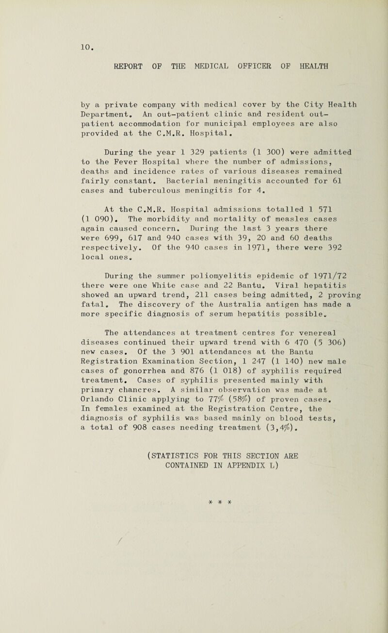 REPORT OF THE MEDICAL OFFICER OF HEALTH by a private company with medica] cover by the City Health Department® An out-patient clinic and resident out¬ patient accommodation for municipal employees are also provided at the C.M.R. Hospital. During the year 1 329 patients (l 300) were admitted to the Fever Hospital where the number of admissions, deaths and incidence rates of various diseases remained fairly constant. Bacterial meningitis accounted for 61 cases and tuberculous meningitis for 4, At the C.M.R. Hospital admissions totalled 1 571 (l 090). The morbidity and mortality of measles cases again caused concern. During the last 3 years there were 699, 617 and 940 cases with 39, 20 and 60 deaths respectively. Of the 940 cases in 1971, there were 392 local ones. During the summer poliomyelitis epidemic of 1971/72 there were one White case and 22 Bantu. Viral hepatitis showed an upward trend, 211 cases being adjnitted, 2 proving fatal. The discovery of the Australia, antigen has made a more specific diagnosis of serum hepatitis possible. The attendances at treatment centres for venerea,! diseases continued their upward trend with 6 470 (5 306) new cases. Of the 3 901 attendances at the Bantu Registration Examination Section, 1 247 (l 140) new male cases of gonorrhea and 876 (l 018) of syphilis required treatment. Cases of syphilis presented mainly with primary chancres. A similar observation was made at Orlando Clinic applying to 77°/° (58$) of proven cases. In females examined at the Registration Centre, the diagnosis of syphilis was based mainly on blood tests, a total of 908 cases needing treatment (3,4$). (STATISTICS FOR THIS SECTION ARE CONTAINED IN APPENDIX L) * * *